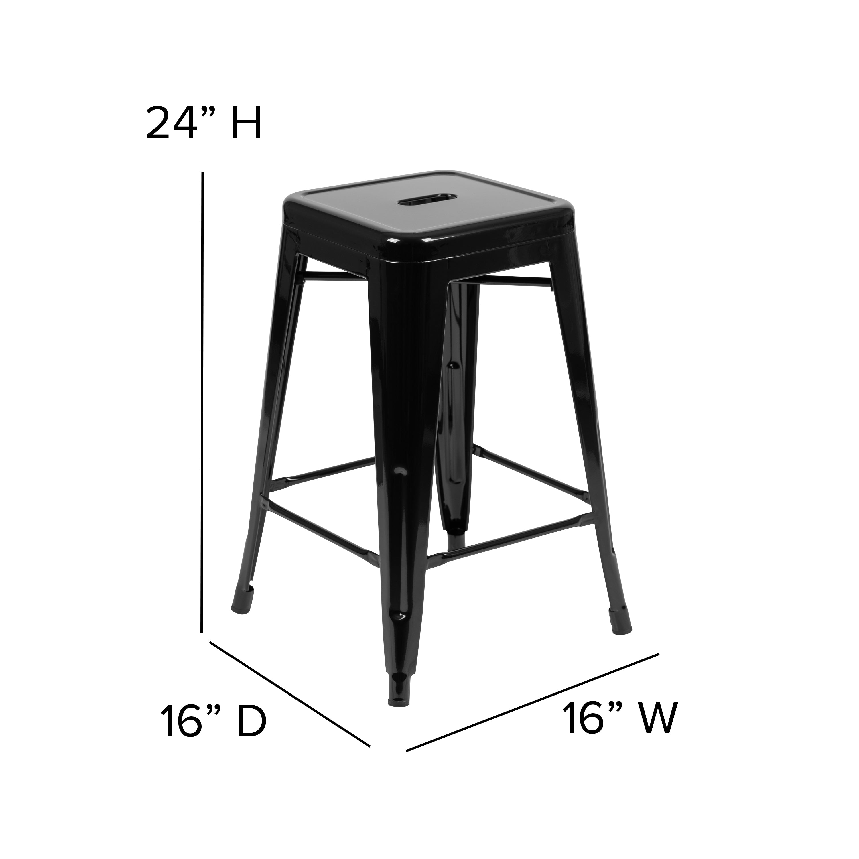 Cierra Set of 4 Commercial Grade 24" High Backless Black Metal Indoor Counter Height Stools with Black All-Weather Poly Resin Seats