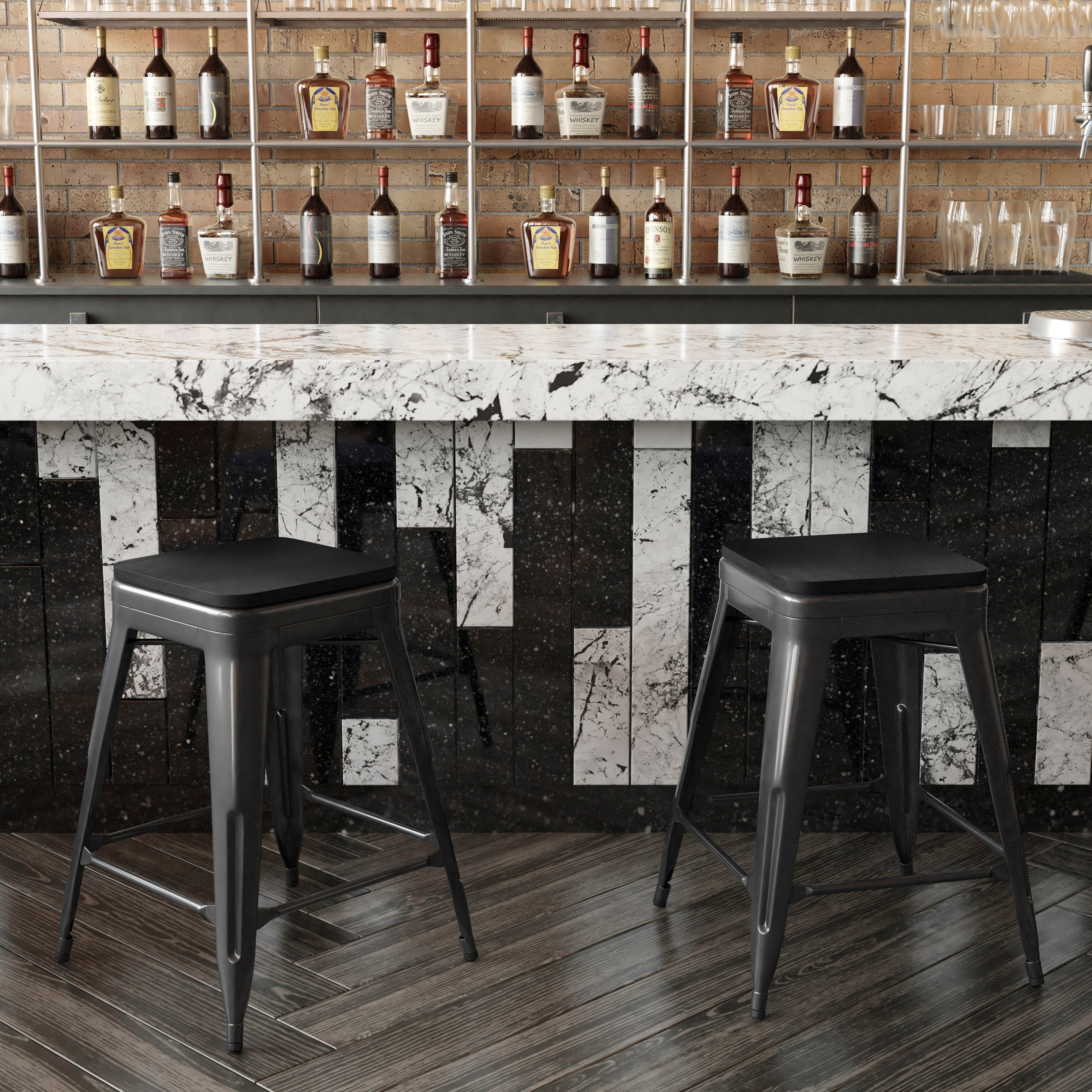 Cierra Set of 4 Commercial Grade 24" High Backless Black Metal Indoor Counter Height Stools with Black All-Weather Poly Resin Seats