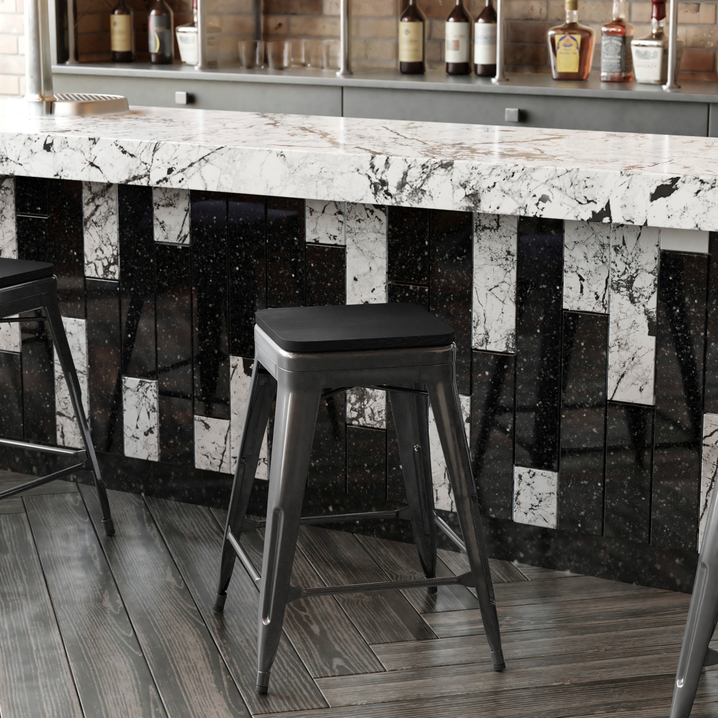 Cierra Set of 4 Commercial Grade 24" High Backless Black Metal Indoor Counter Height Stools with Black All-Weather Poly Resin Seats