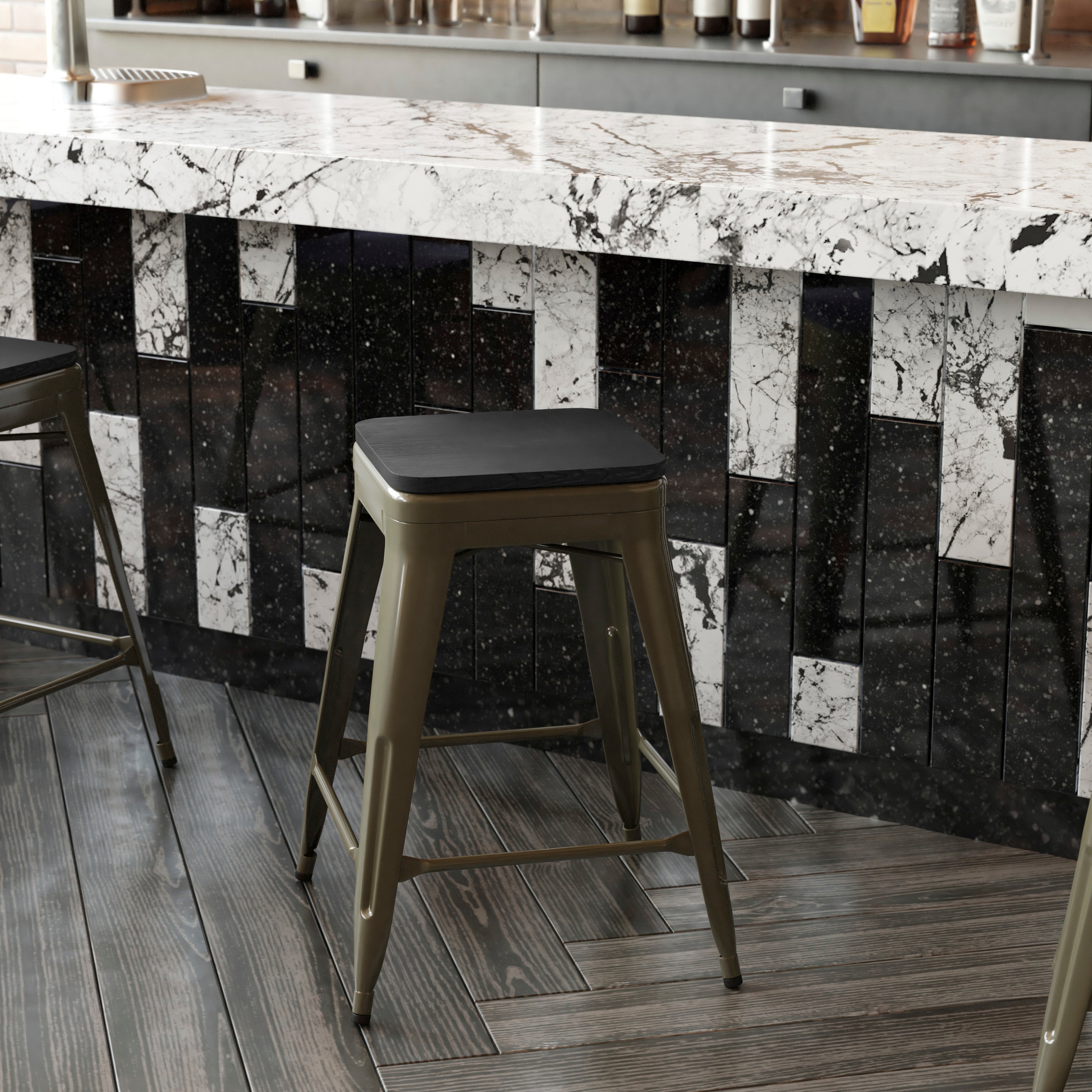 Cierra Set of 4 Commercial Grade 24" High Backless Gunmetal Metal Indoor Counter Height Stools with Black All-Weather Poly Resin Seats