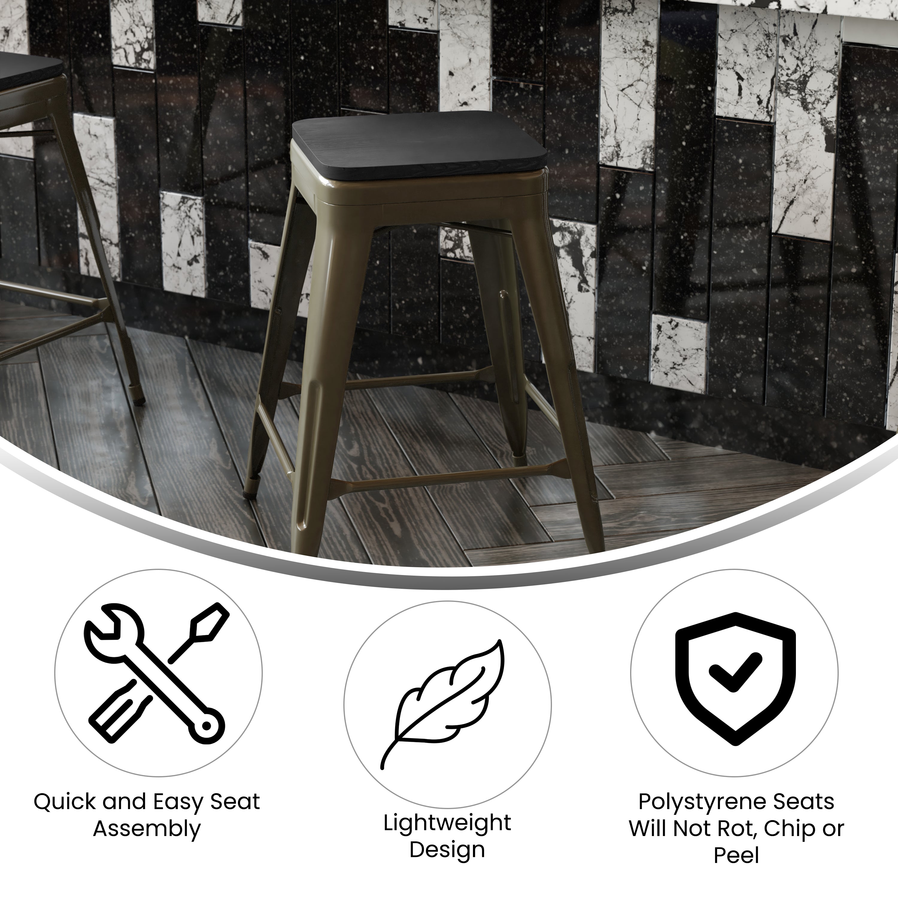 Cierra Set of 4 Commercial Grade 24" High Backless Gunmetal Metal Indoor Counter Height Stools with Black All-Weather Poly Resin Seats