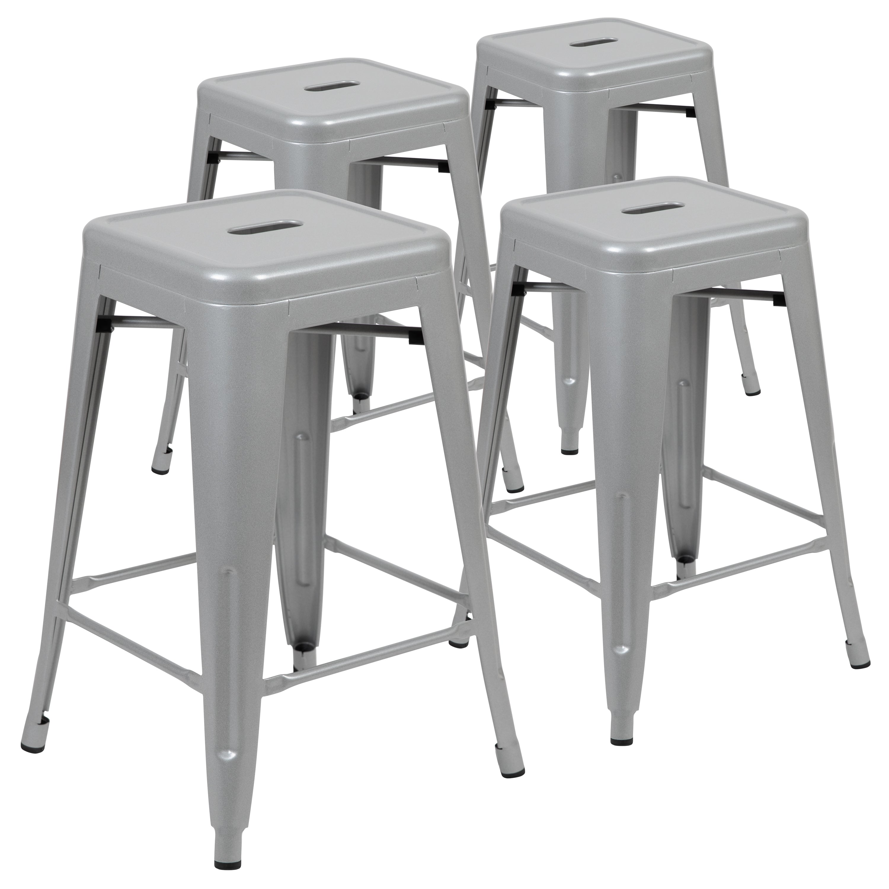 Cierra 24" High Metal Counter-Height, Indoor Bar Stool in Silver - Stackable Set of 4