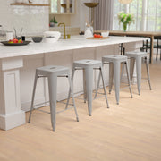 Cierra 24" High Metal Counter-Height, Indoor Bar Stool in Silver - Stackable Set of 4