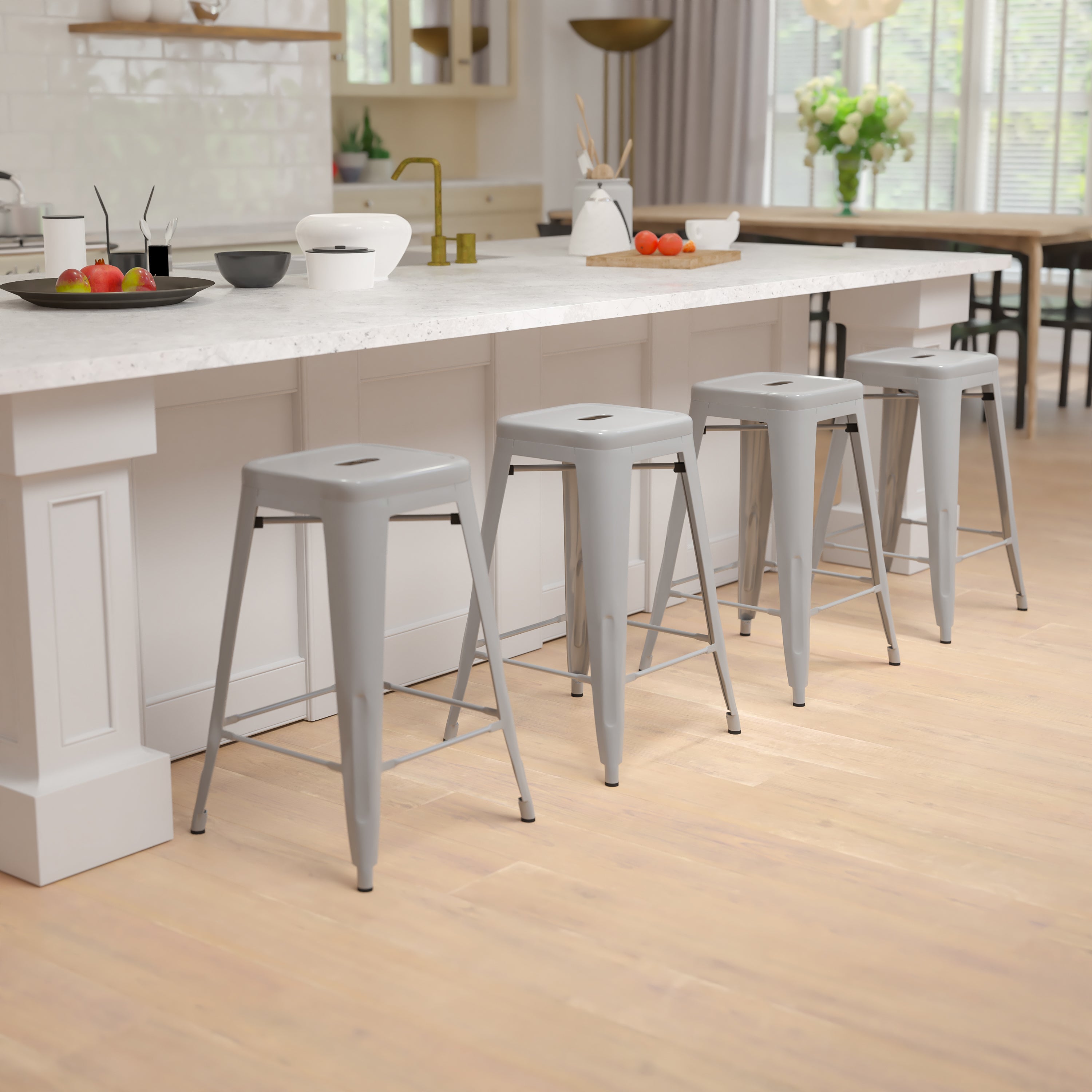 Cierra 24" High Metal Counter-Height, Indoor Bar Stool in Silver - Stackable Set of 4