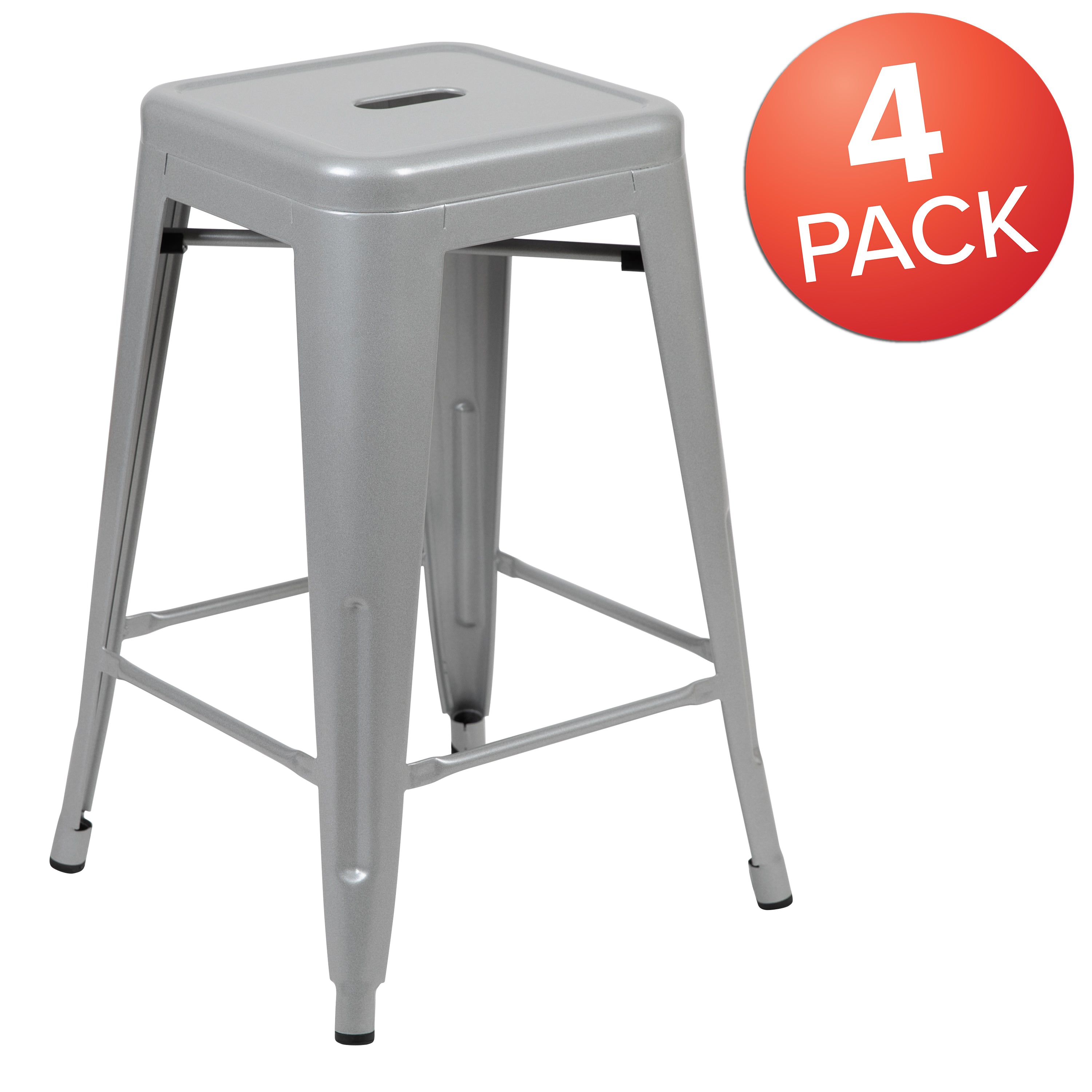 Cierra 24" High Metal Counter-Height, Indoor Bar Stool in Silver - Stackable Set of 4