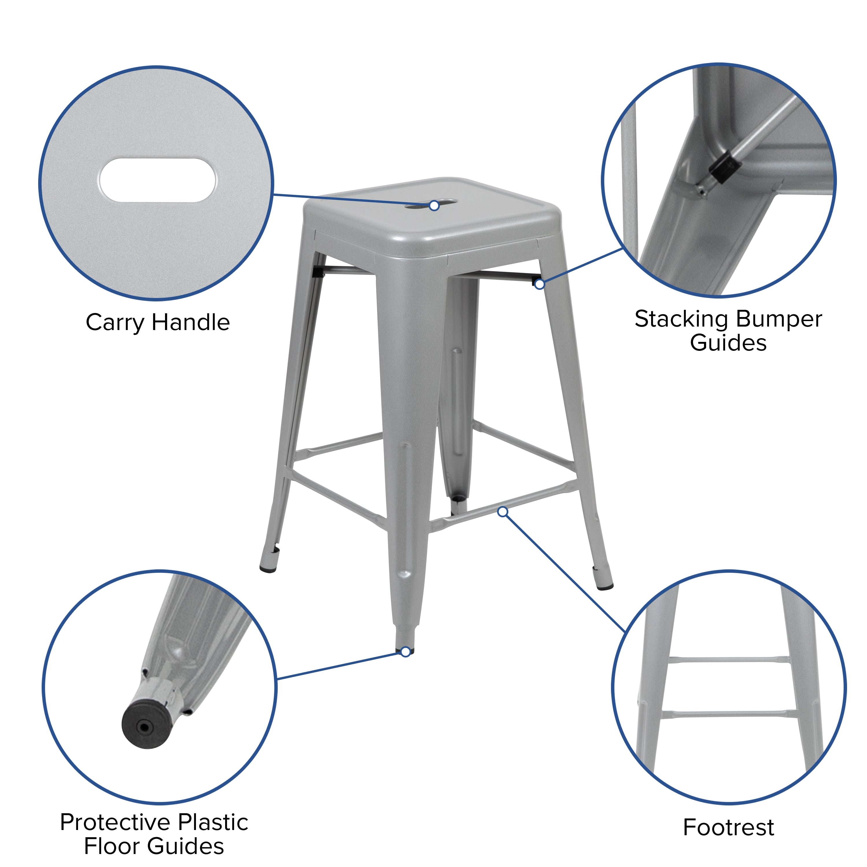 Cierra 24" High Metal Counter-Height, Indoor Bar Stool in Silver - Stackable Set of 4