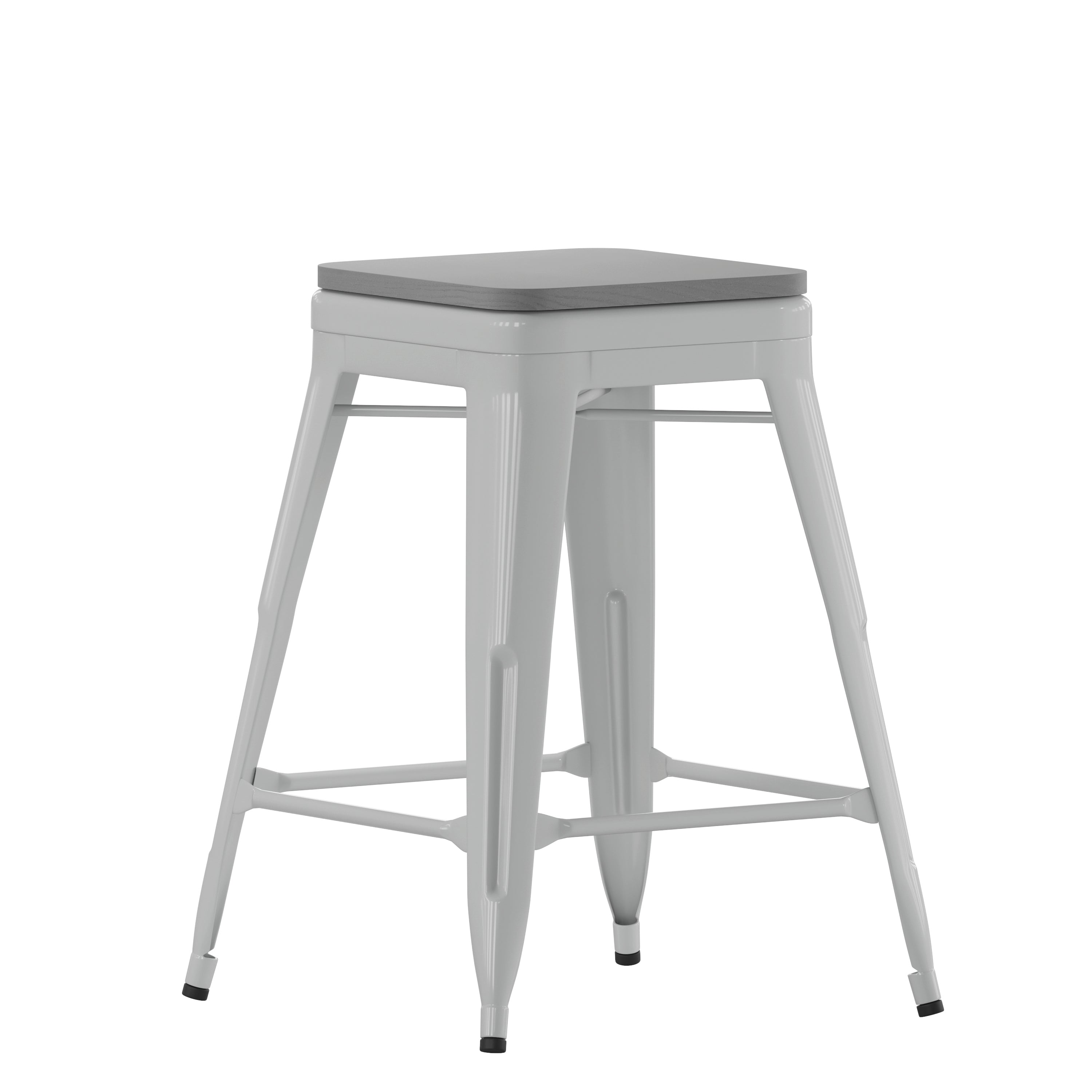 Cierra Set of 4 Commercial Grade 24" High Backless Silver Metal Indoor Counter Height Stools with Gray All-Weather Poly Resin Seats