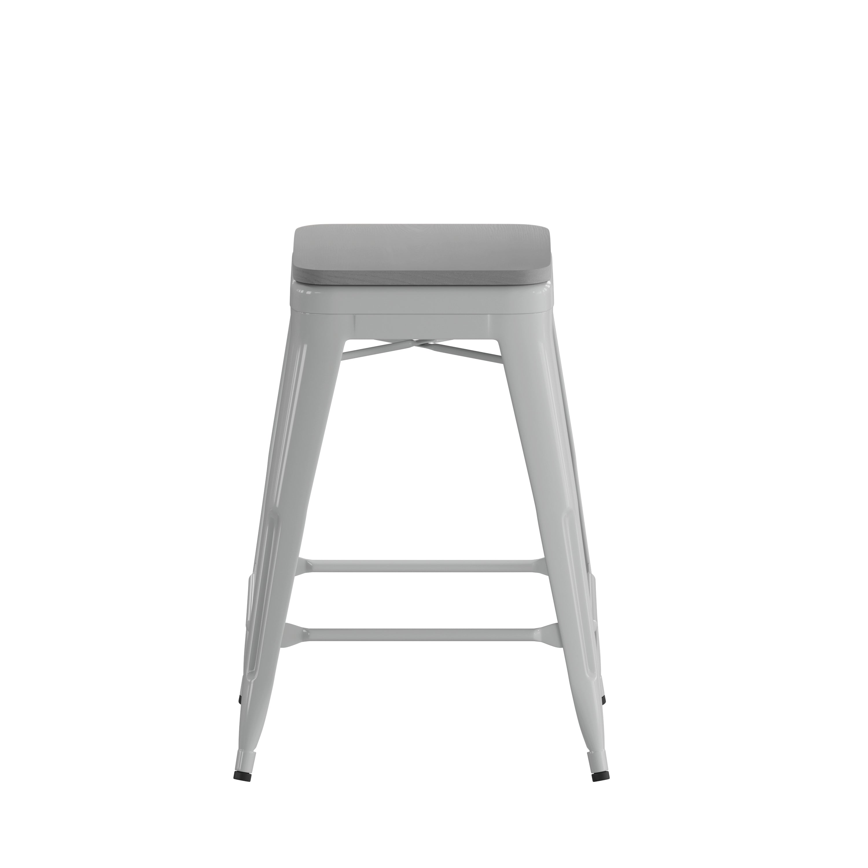 Cierra Set of 4 Commercial Grade 24" High Backless Silver Metal Indoor Counter Height Stools with Gray All-Weather Poly Resin Seats