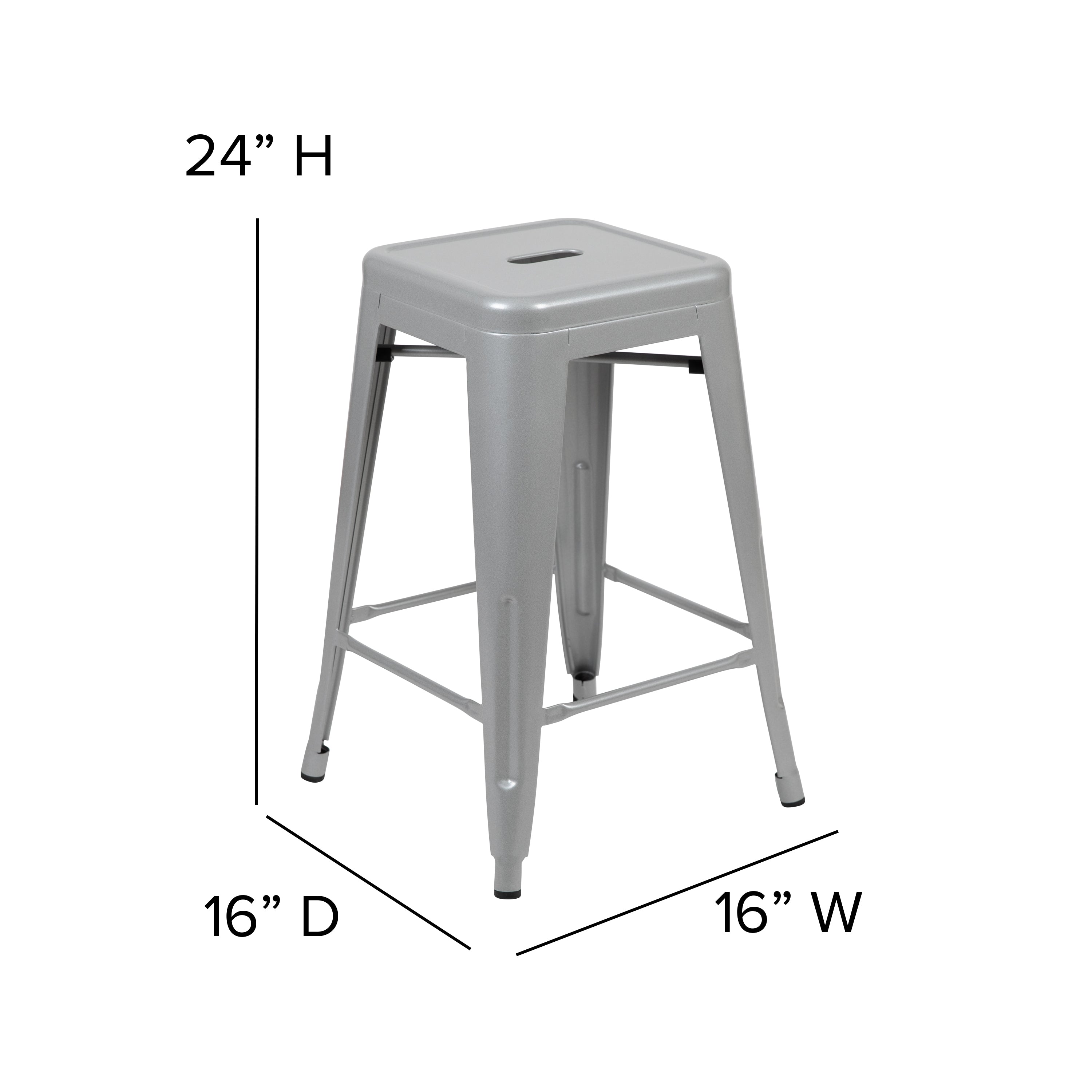 Cierra Set of 4 Commercial Grade 24" High Backless Silver Metal Indoor Counter Height Stools with Gray All-Weather Poly Resin Seats