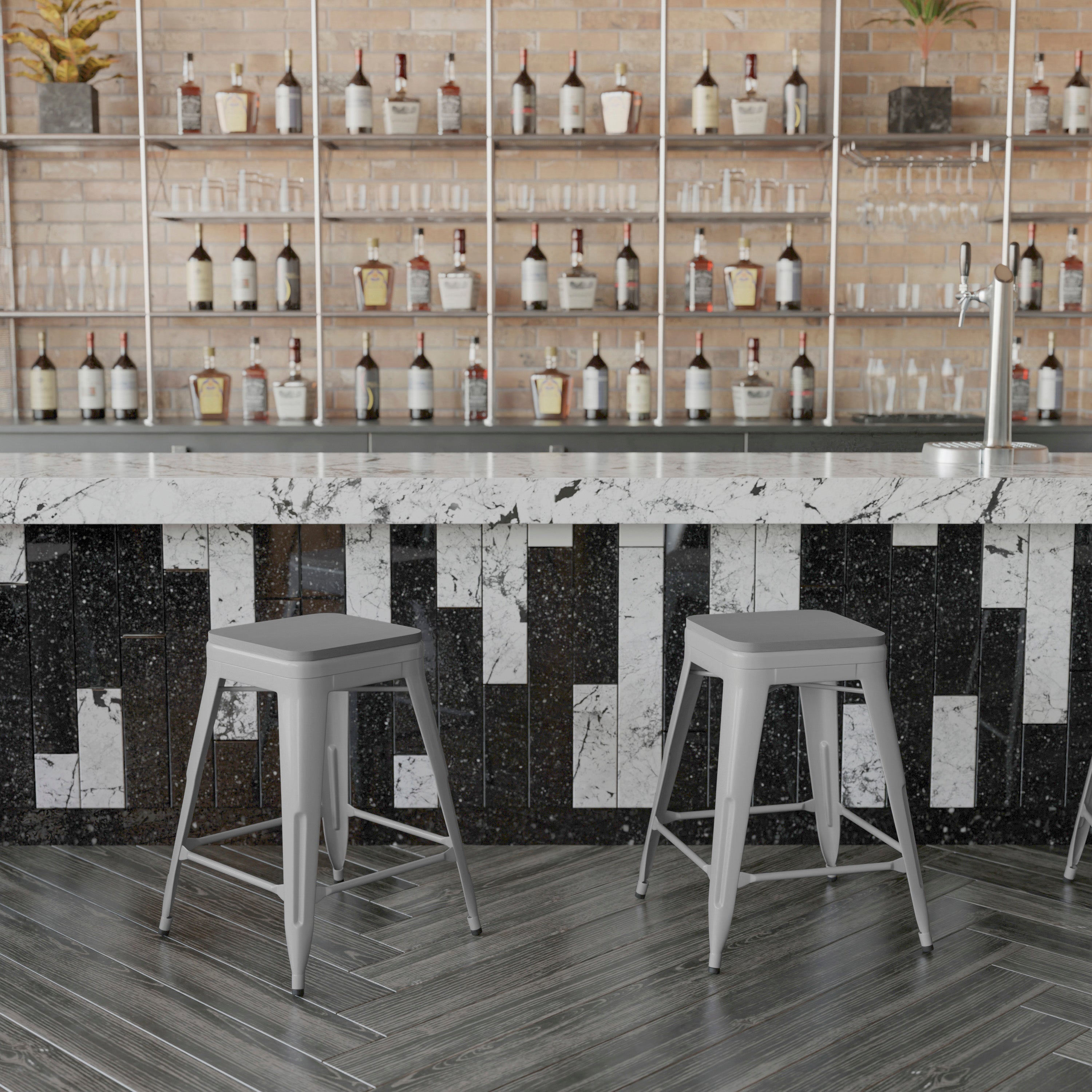 Cierra Set of 4 Commercial Grade 24" High Backless Silver Metal Indoor Counter Height Stools with Gray All-Weather Poly Resin Seats