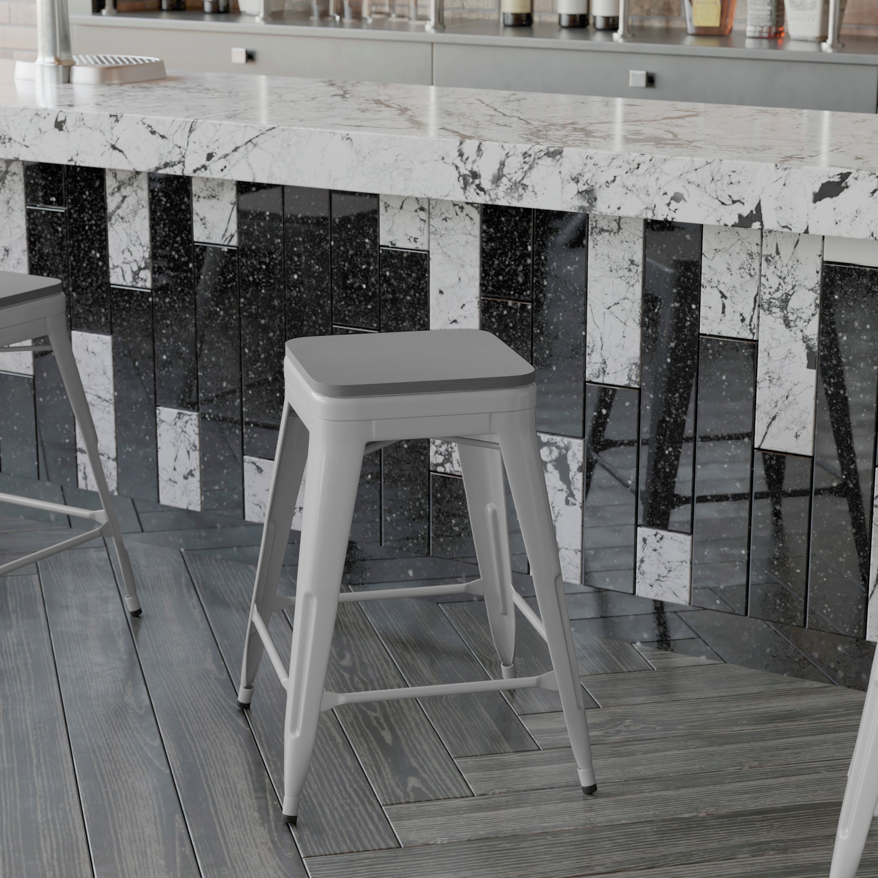 Cierra Set of 4 Commercial Grade 24" High Backless Silver Metal Indoor Counter Height Stools with Gray All-Weather Poly Resin Seats