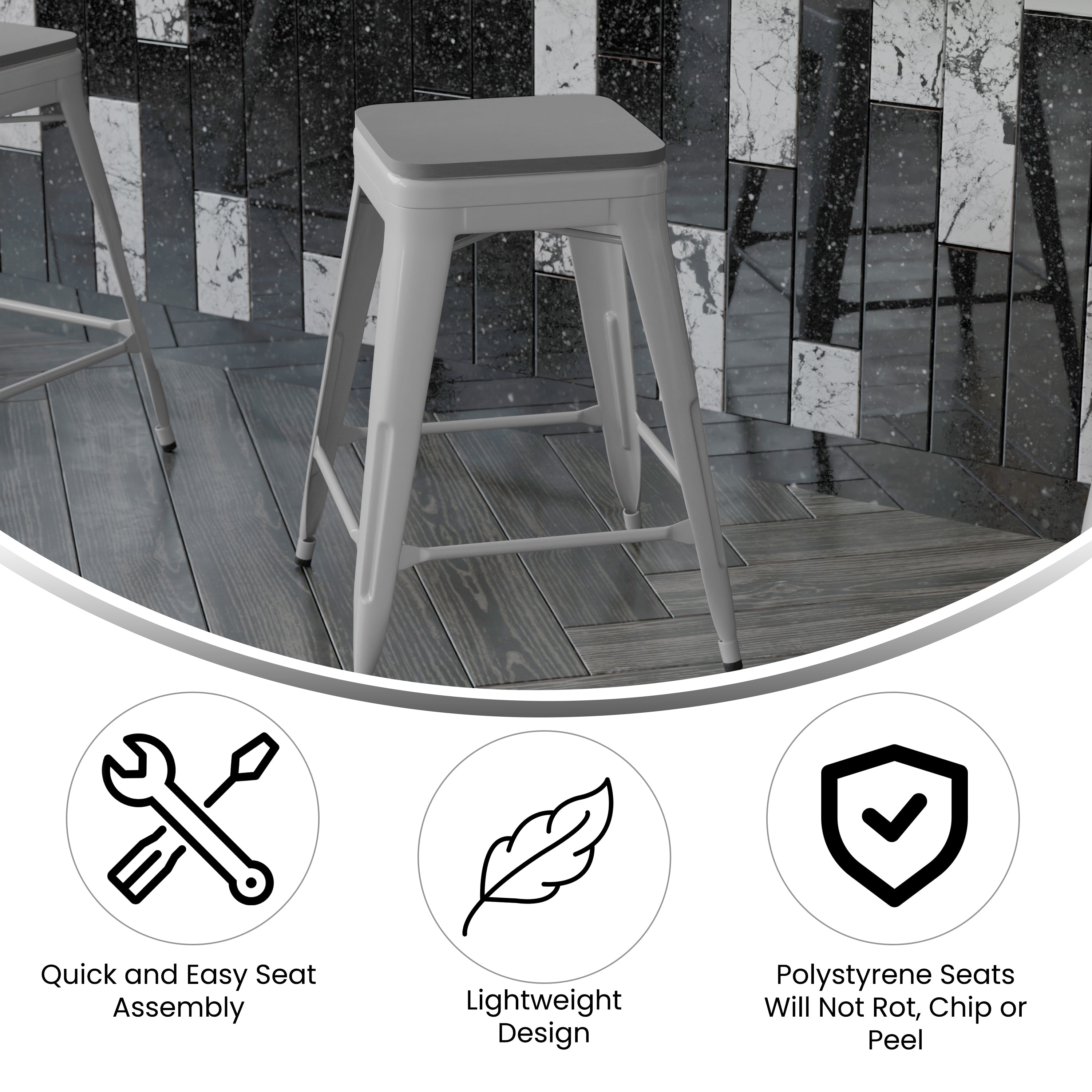 Cierra Set of 4 Commercial Grade 24" High Backless Silver Metal Indoor Counter Height Stools with Gray All-Weather Poly Resin Seats