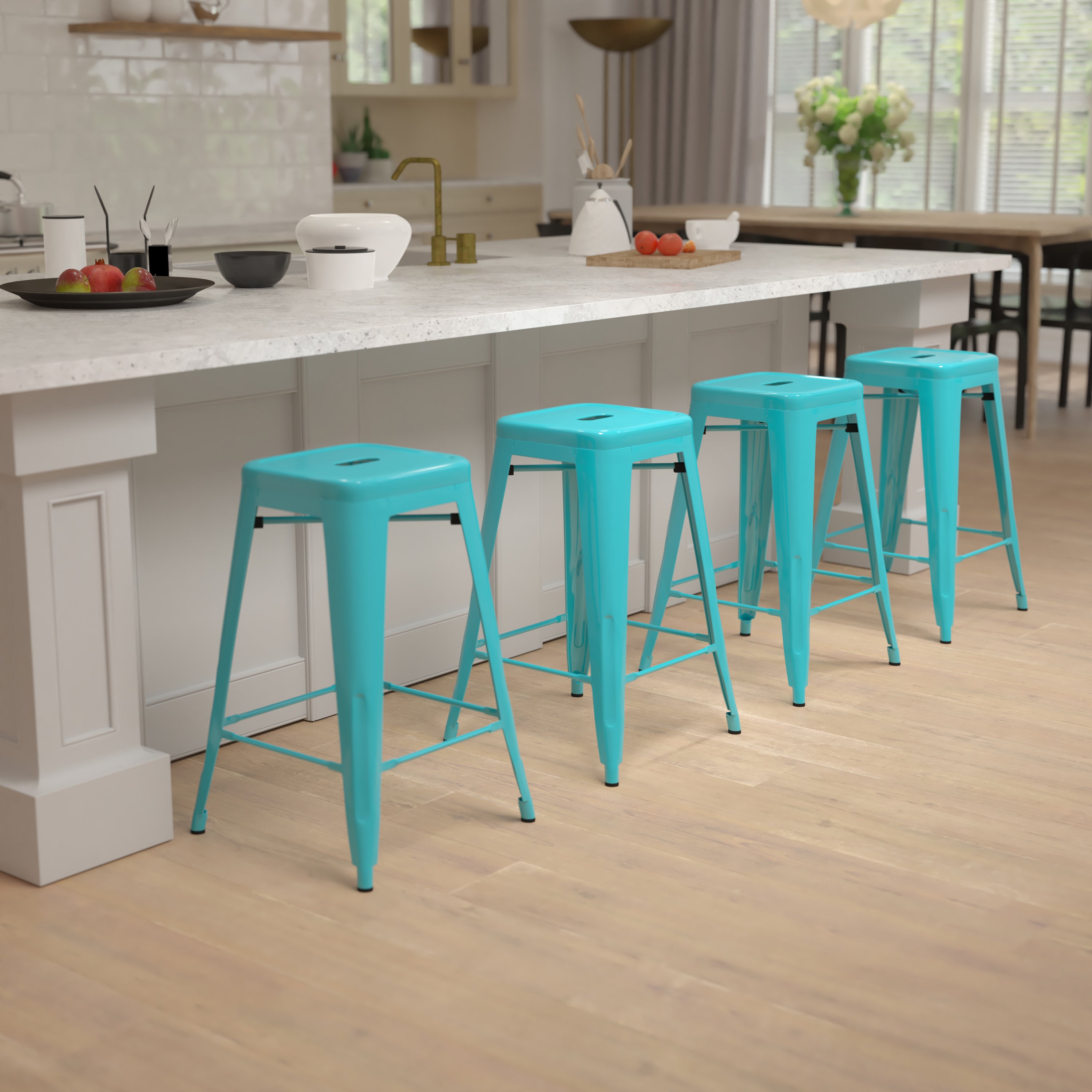Cierra 24" High Metal Counter-Height, Indoor Bar Stool in Teal - Stackable Set of 4