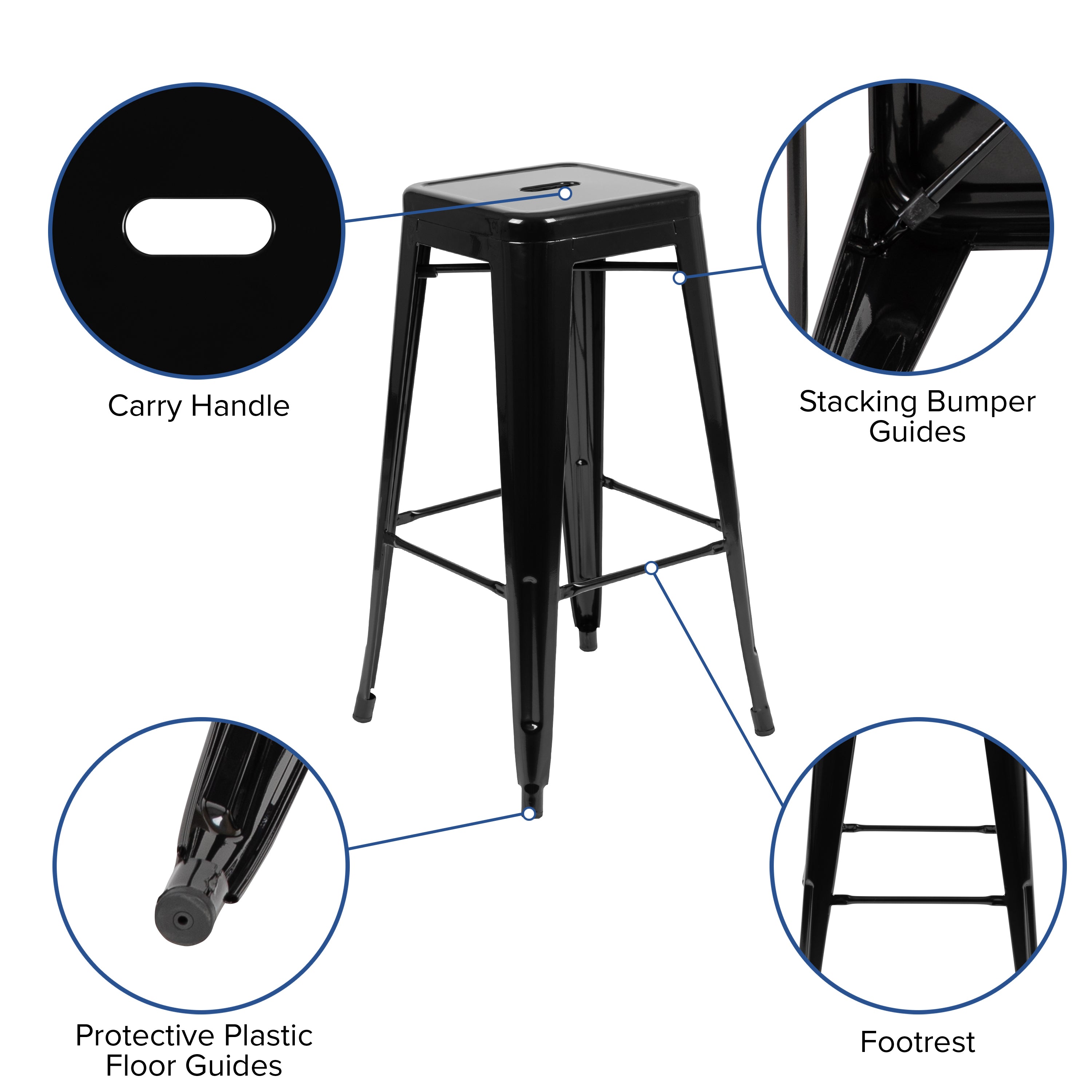 Cierra 30" High Metal Indoor Bar Stool in Black - Stackable Set of 4