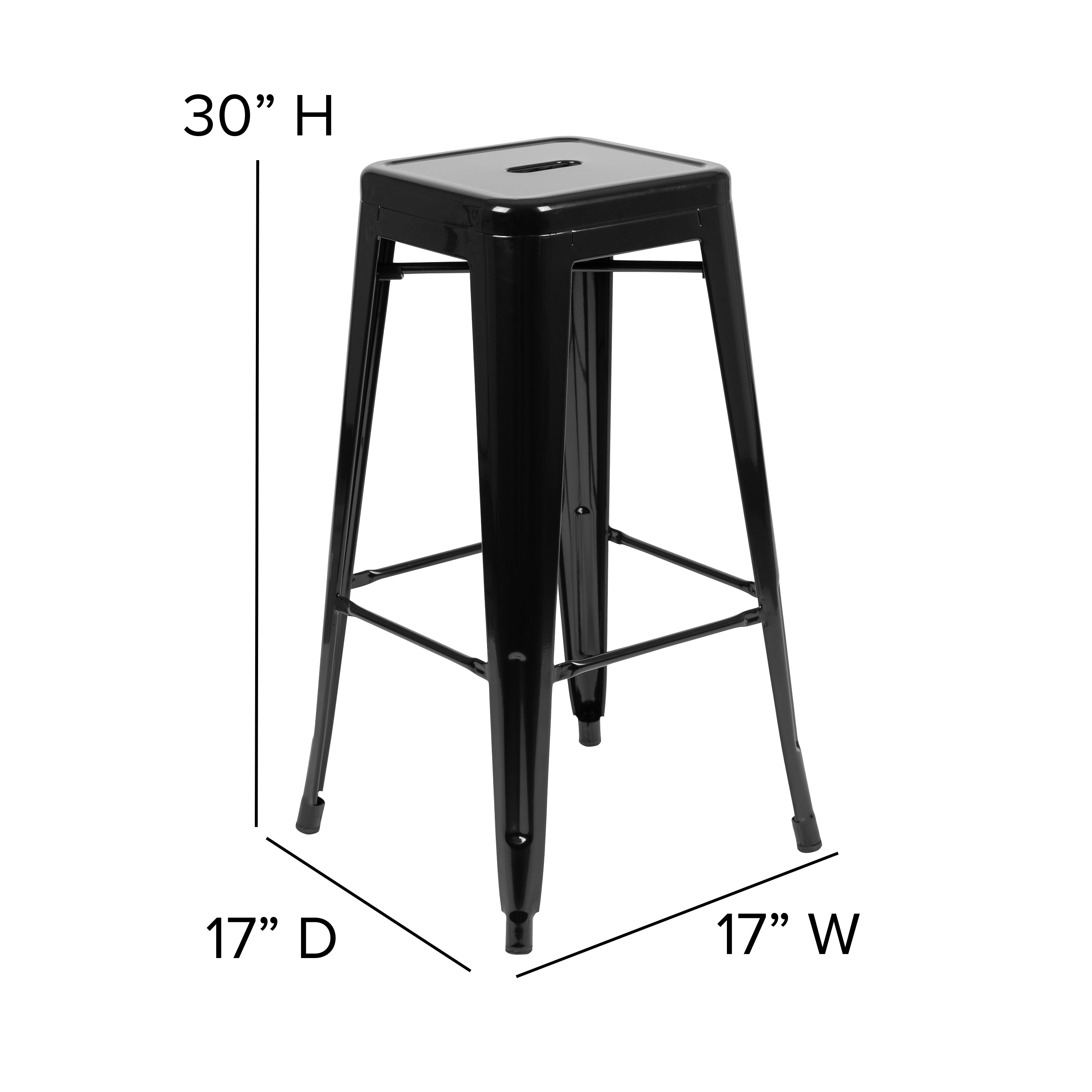 Cierra Set of 4 Commercial Grade 30" High Backless Black Metal Indoor Bar Height Stools with Black All-Weather Poly Resin Seats
