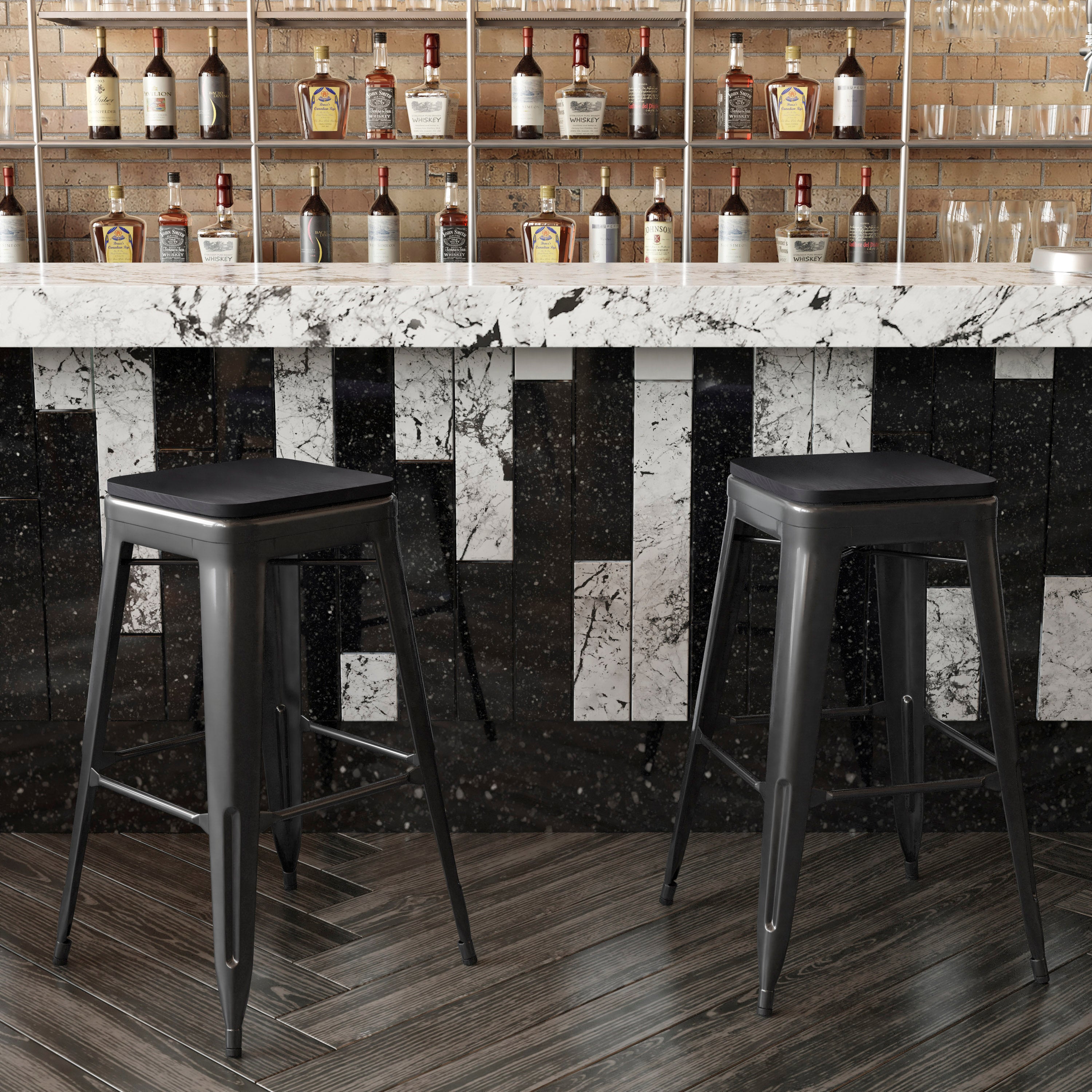 Cierra Set of 4 Commercial Grade 30" High Backless Black Metal Indoor Bar Height Stools with Black All-Weather Poly Resin Seats
