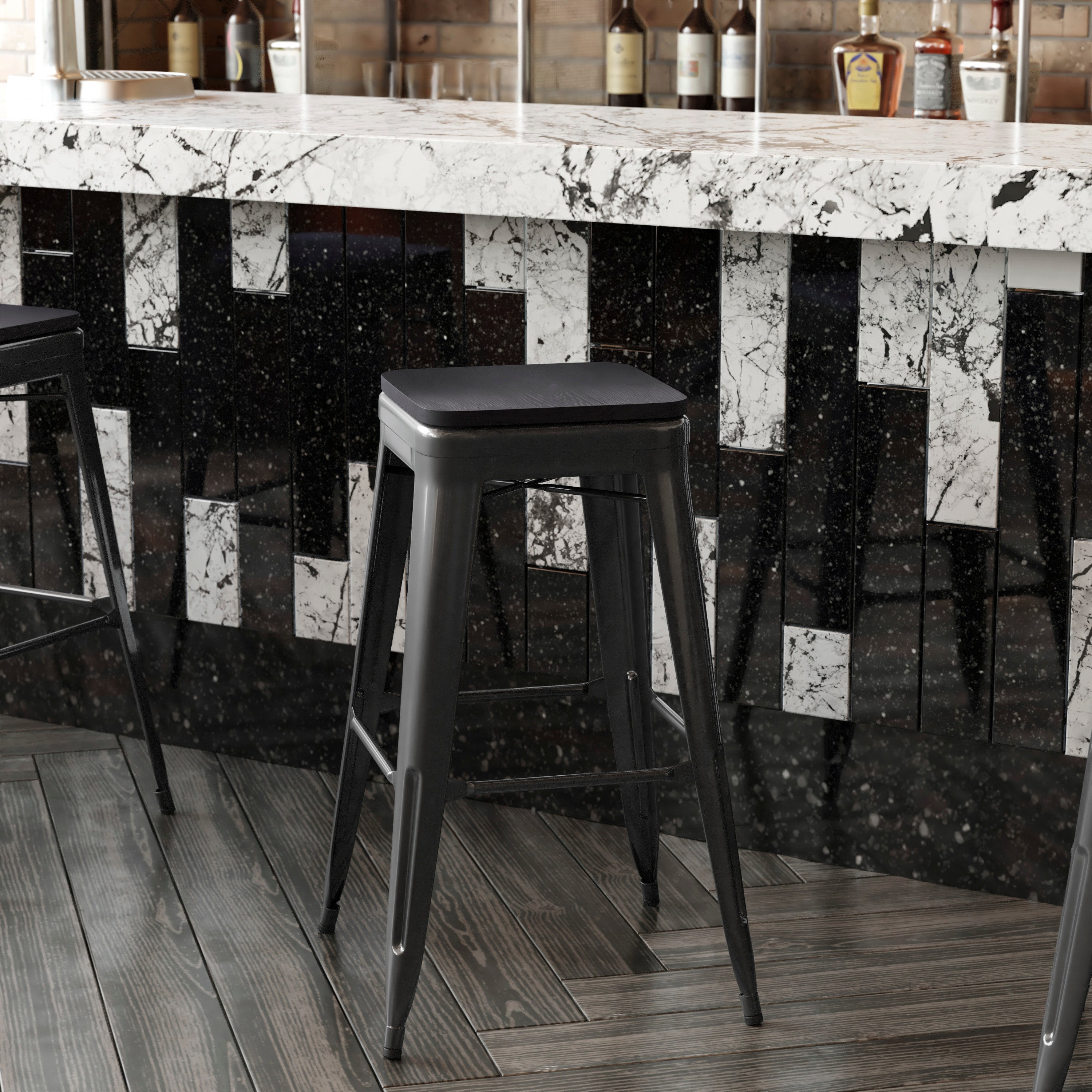 Cierra Set of 4 Commercial Grade 30" High Backless Black Metal Indoor Bar Height Stools with Black All-Weather Poly Resin Seats
