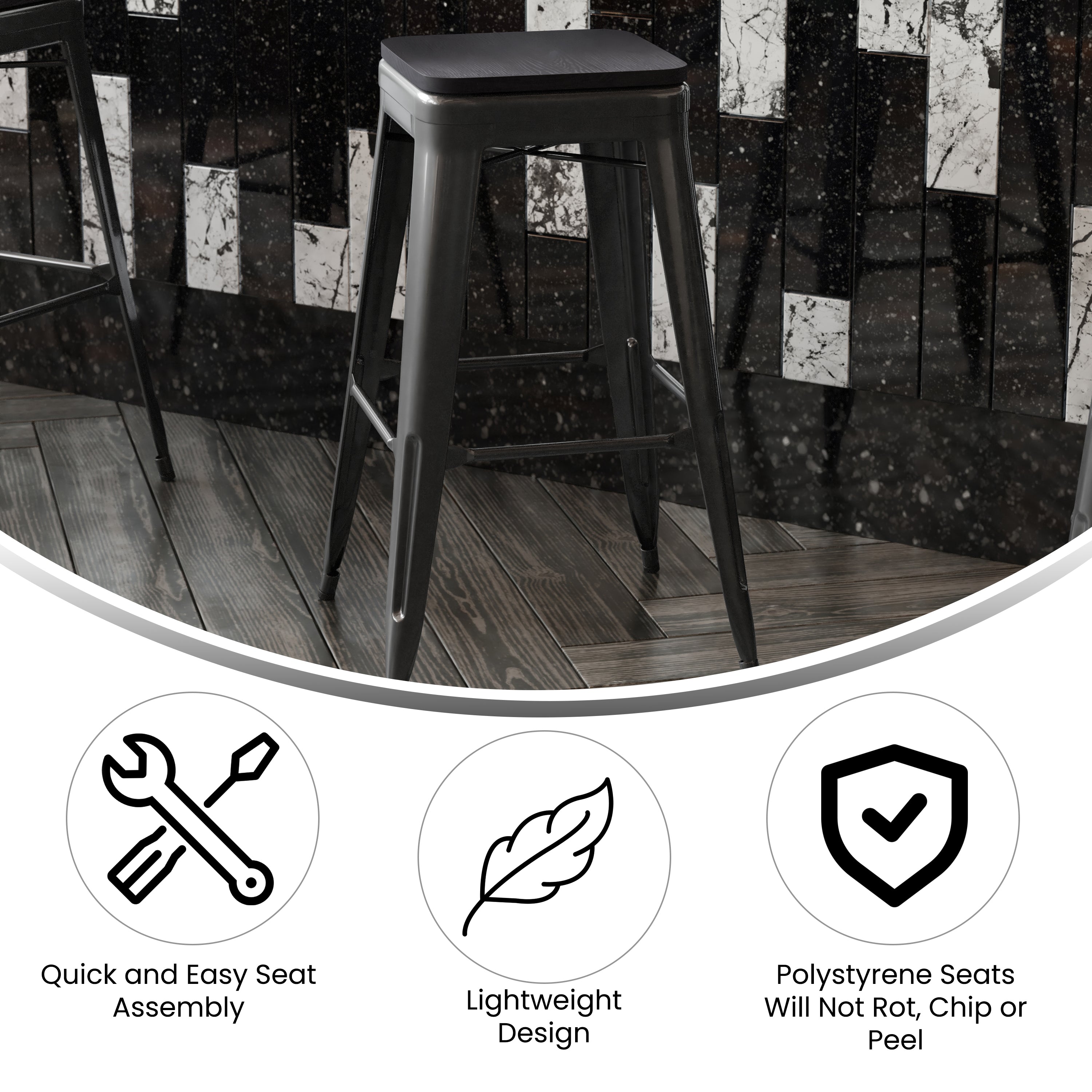 Cierra Set of 4 Commercial Grade 30" High Backless Black Metal Indoor Bar Height Stools with Black All-Weather Poly Resin Seats