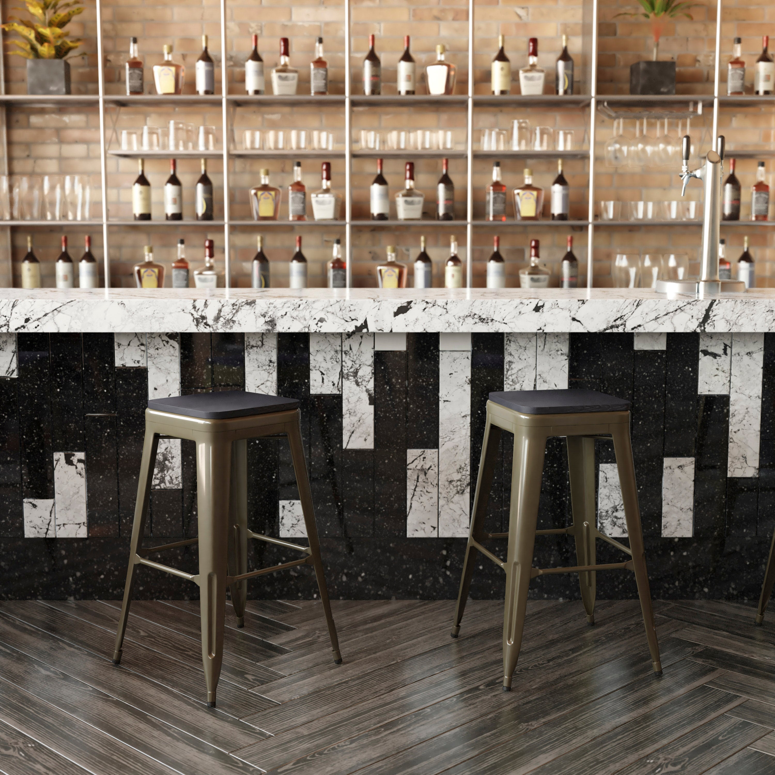 Cierra Set of 4 Commercial Grade 30" High Backless Gunmetal Metal Indoor Bar Height Stools with Black All-Weather Poly Resin Seats