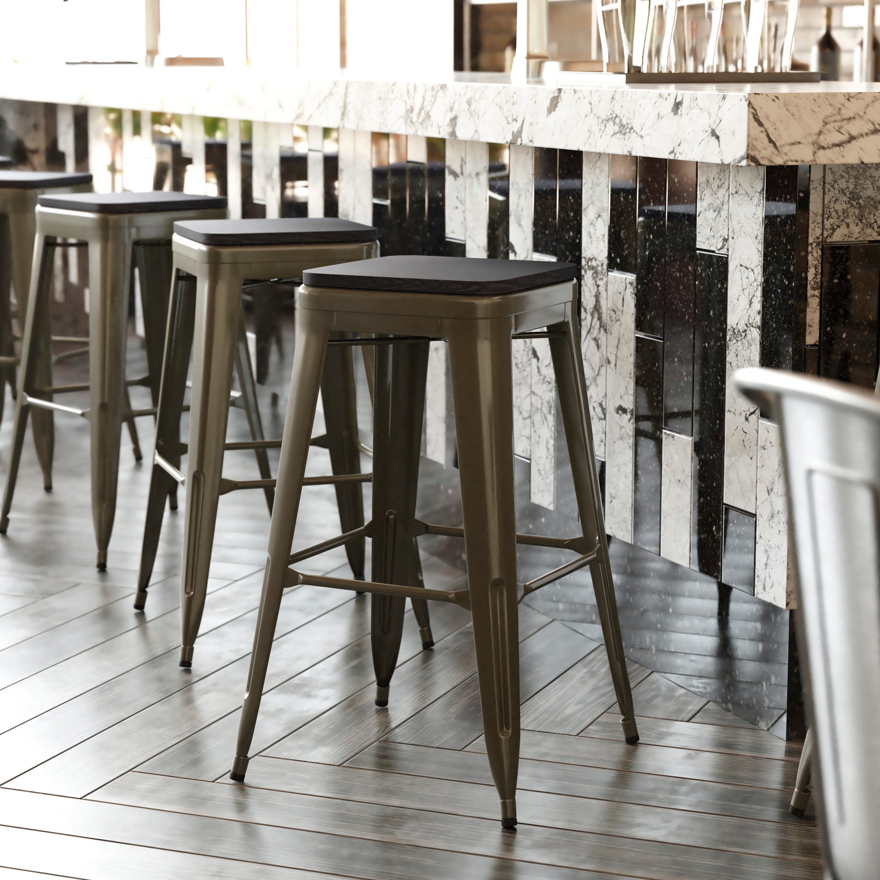 Cierra Set of 4 Commercial Grade 30" High Backless Gunmetal Metal Indoor Bar Height Stools with Black All-Weather Poly Resin Seats