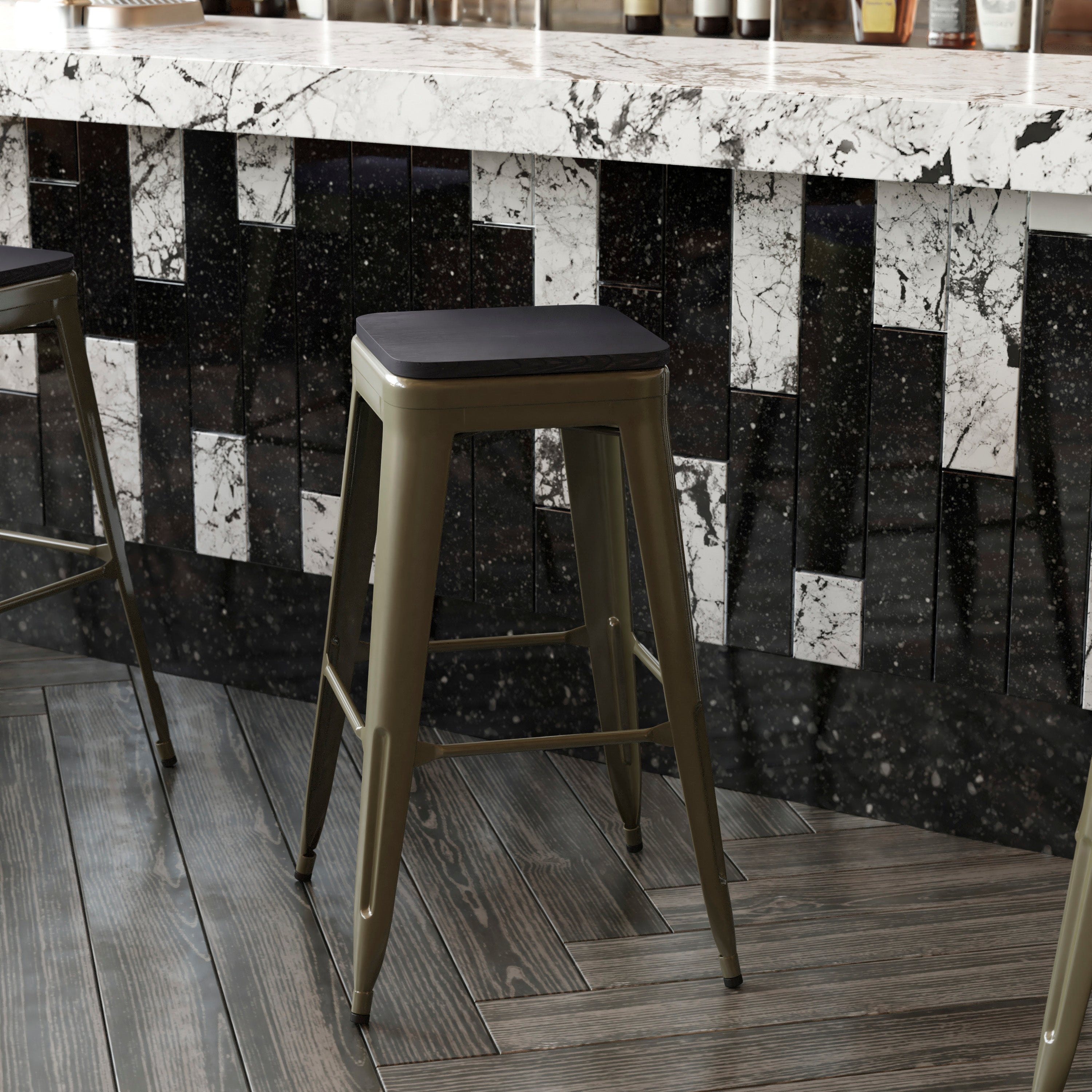 Cierra Set of 4 Commercial Grade 30" High Backless Gunmetal Metal Indoor Bar Height Stools with Black All-Weather Poly Resin Seats