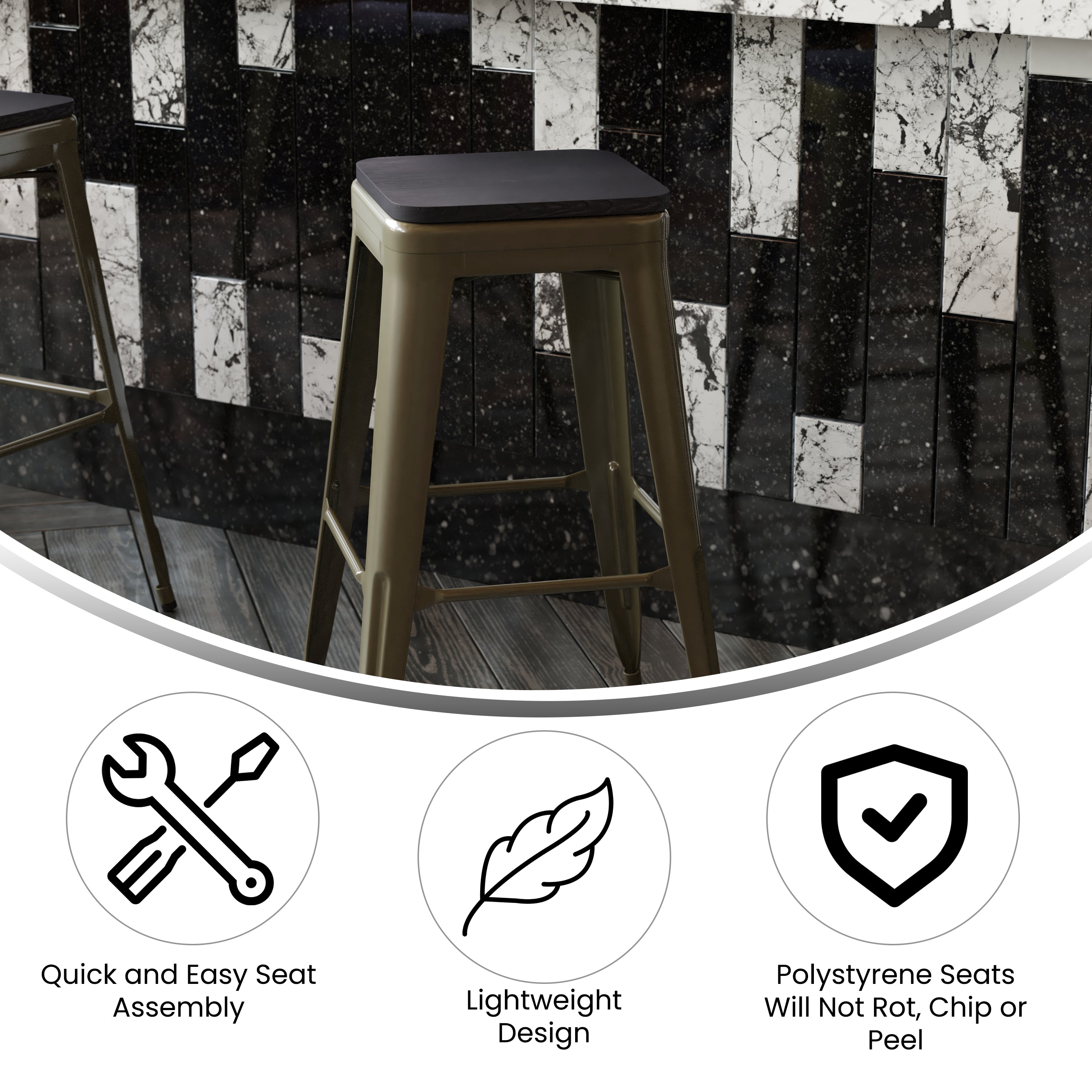 Cierra Set of 4 Commercial Grade 30" High Backless Gunmetal Metal Indoor Bar Height Stools with Black All-Weather Poly Resin Seats