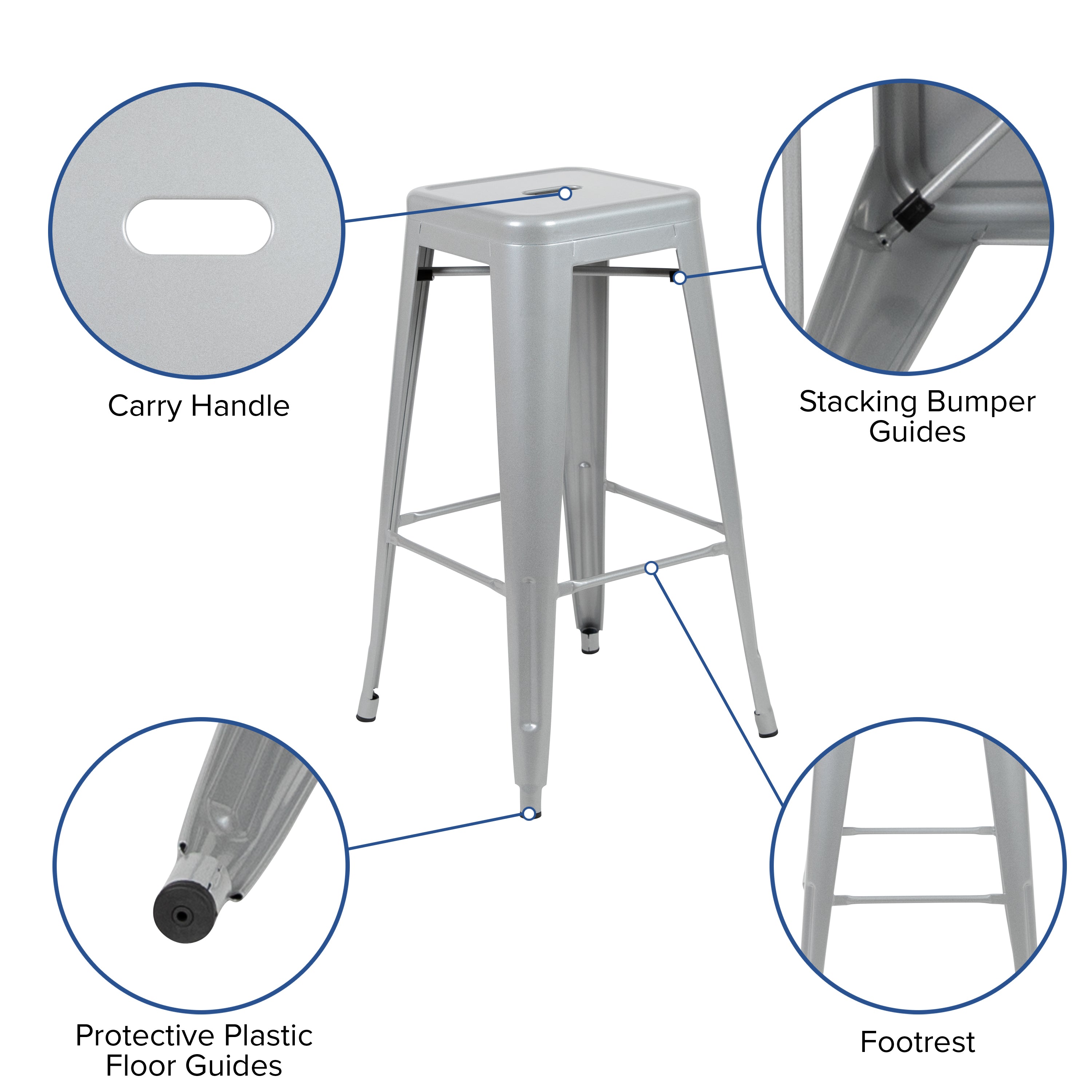 Cierra 30" High Metal Indoor Bar Stool in Silver - Stackable Set of 4