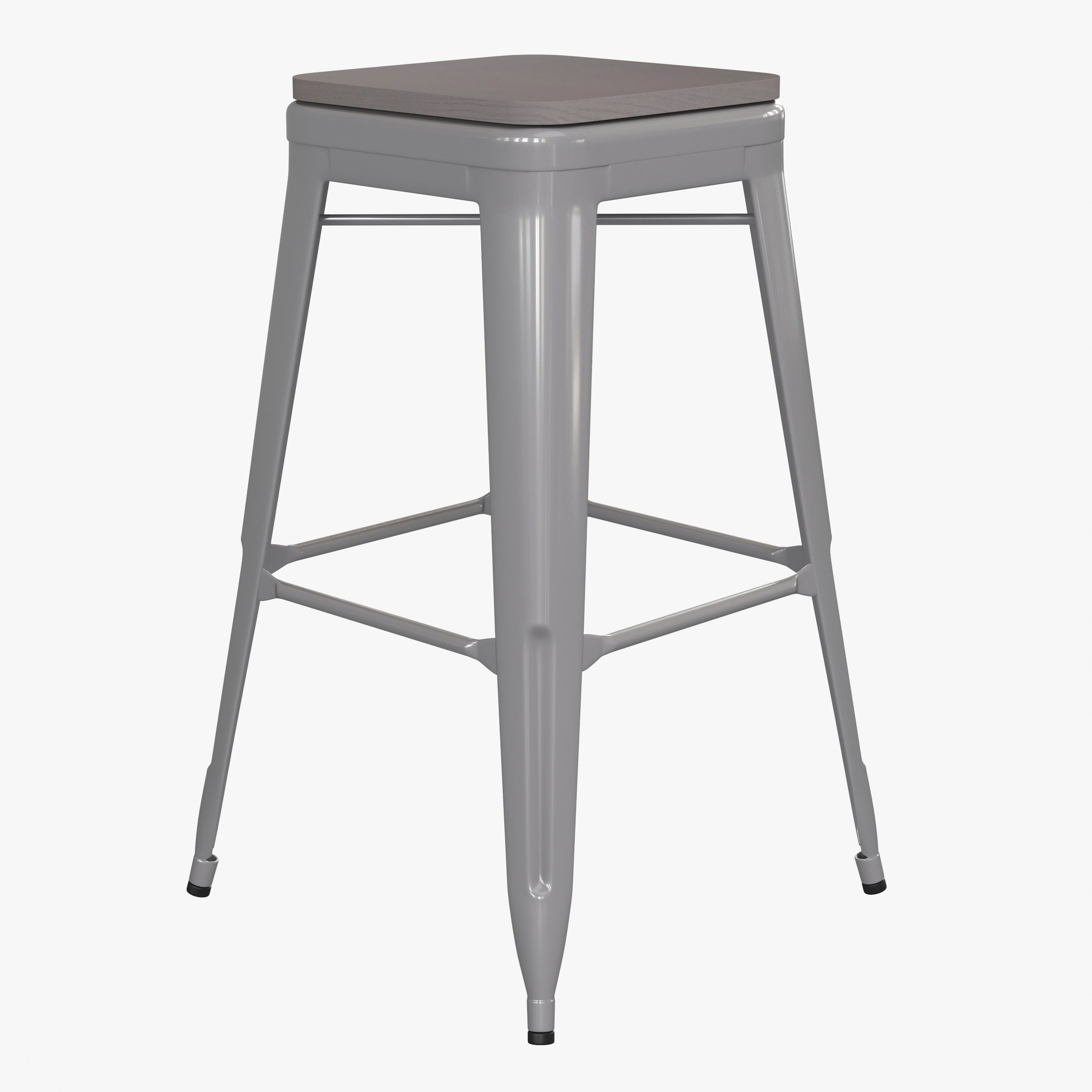 Cierra Set of 4 Commercial Grade 30" High Backless Silver Metal Indoor Bar Height Stools with Gray All-Weather Poly Resin Seats