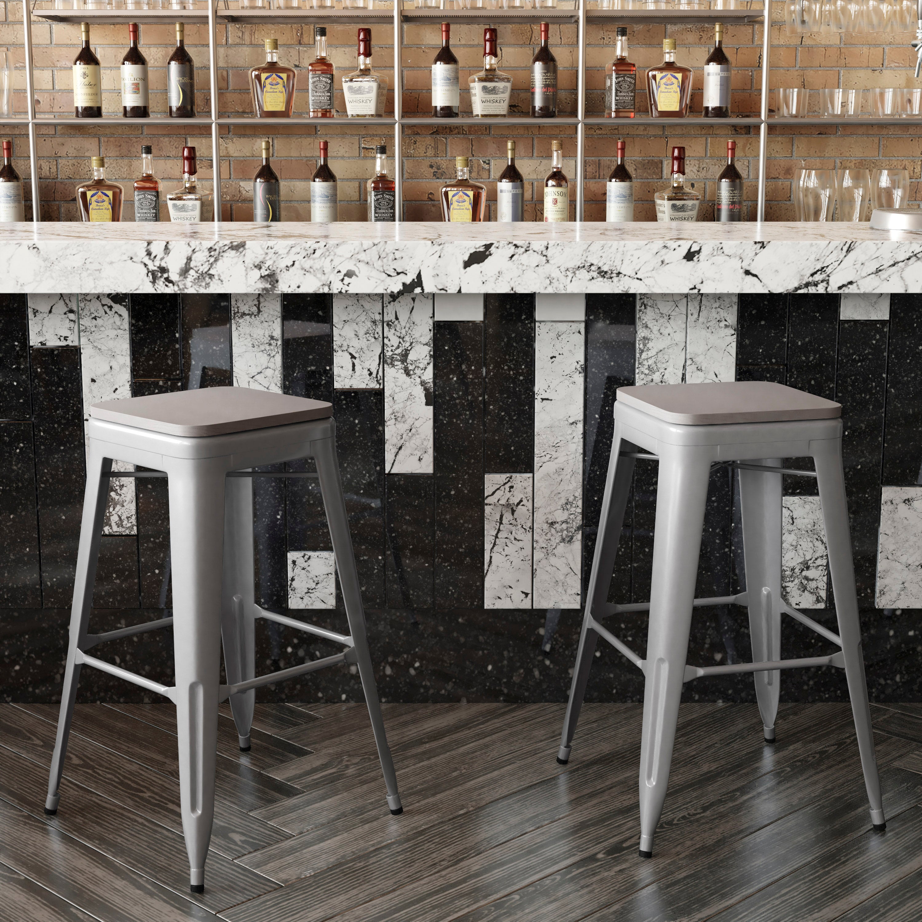 Cierra Set of 4 Commercial Grade 30" High Backless Silver Metal Indoor Bar Height Stools with Gray All-Weather Poly Resin Seats