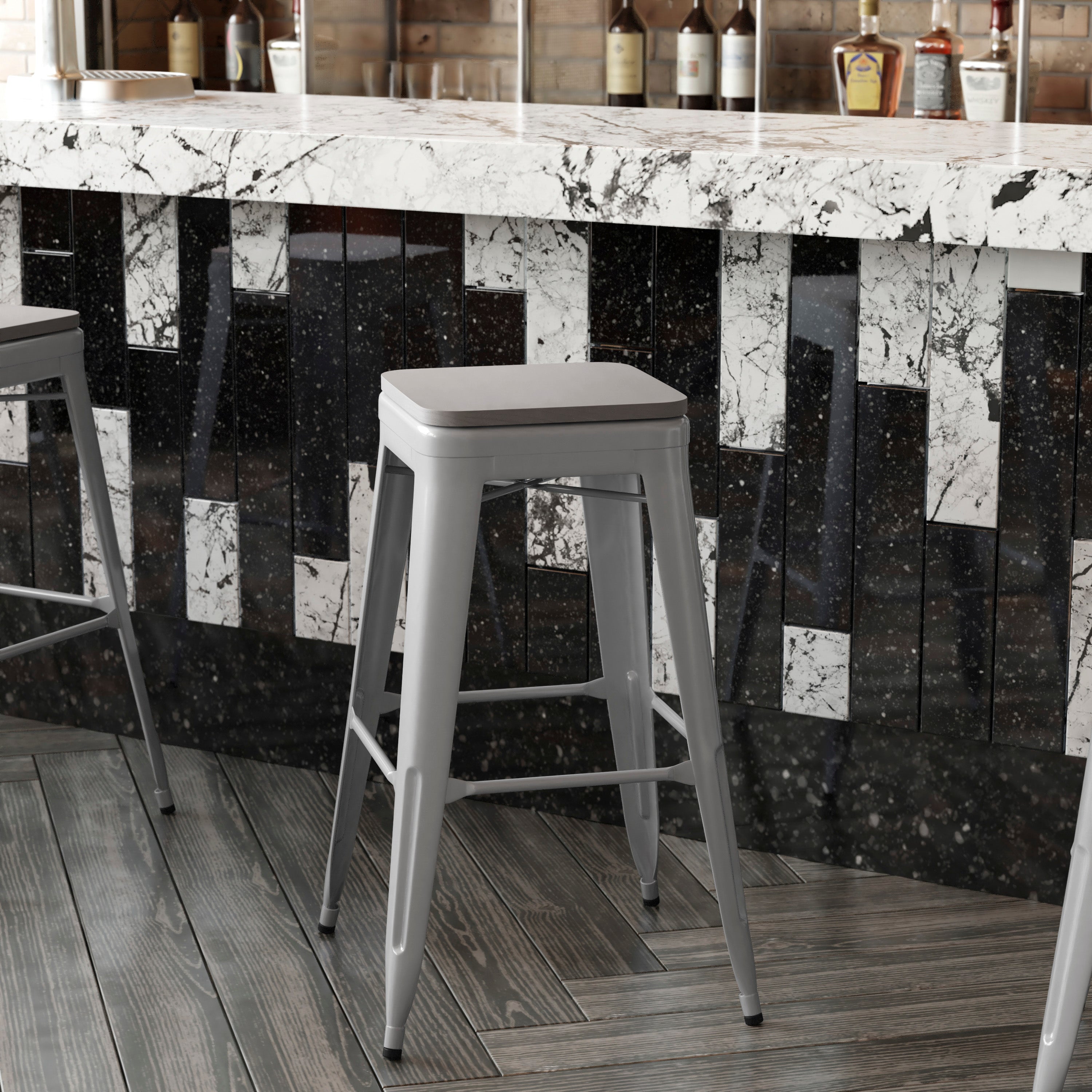 Cierra Set of 4 Commercial Grade 30" High Backless Silver Metal Indoor Bar Height Stools with Gray All-Weather Poly Resin Seats