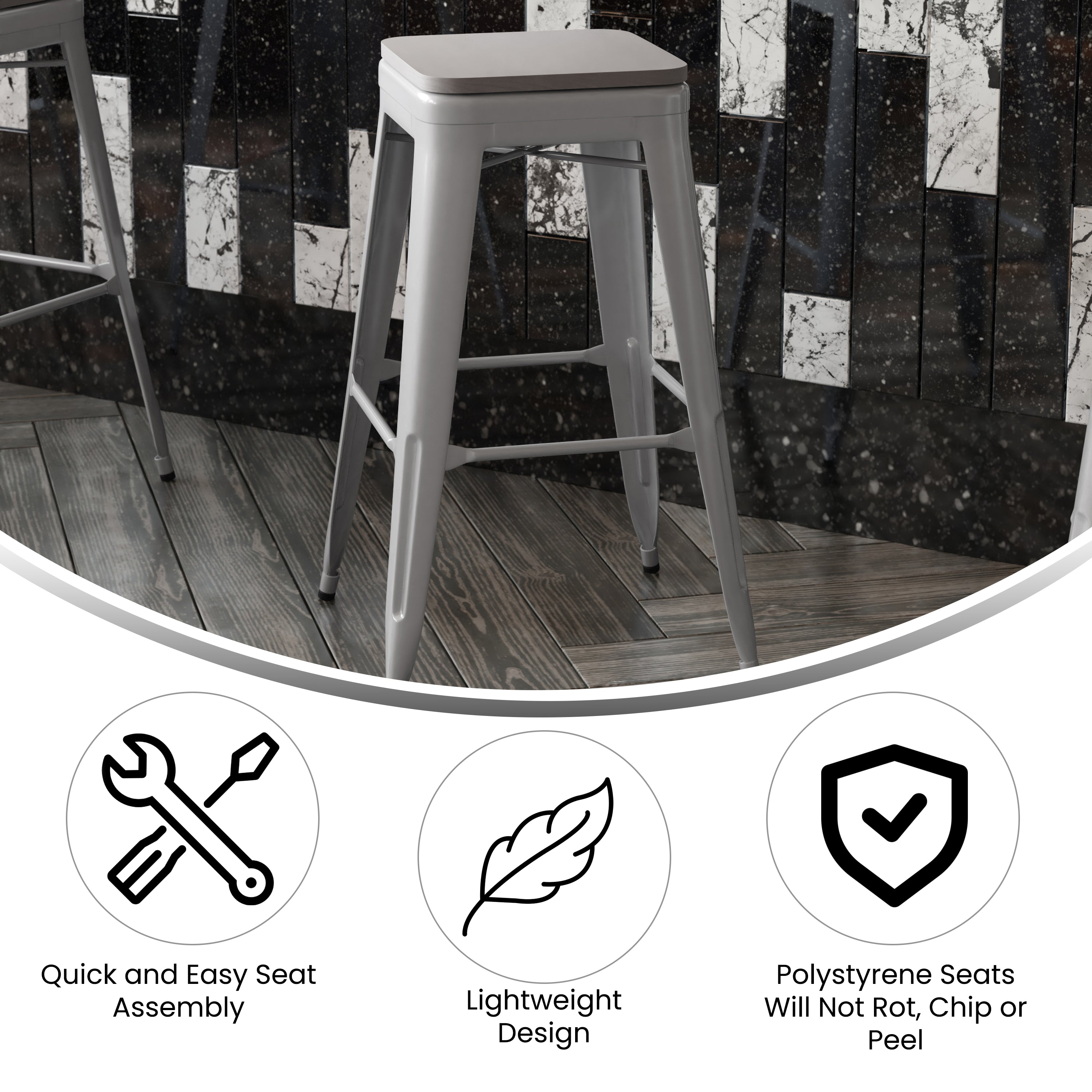 Cierra Set of 4 Commercial Grade 30" High Backless Silver Metal Indoor Bar Height Stools with Gray All-Weather Poly Resin Seats