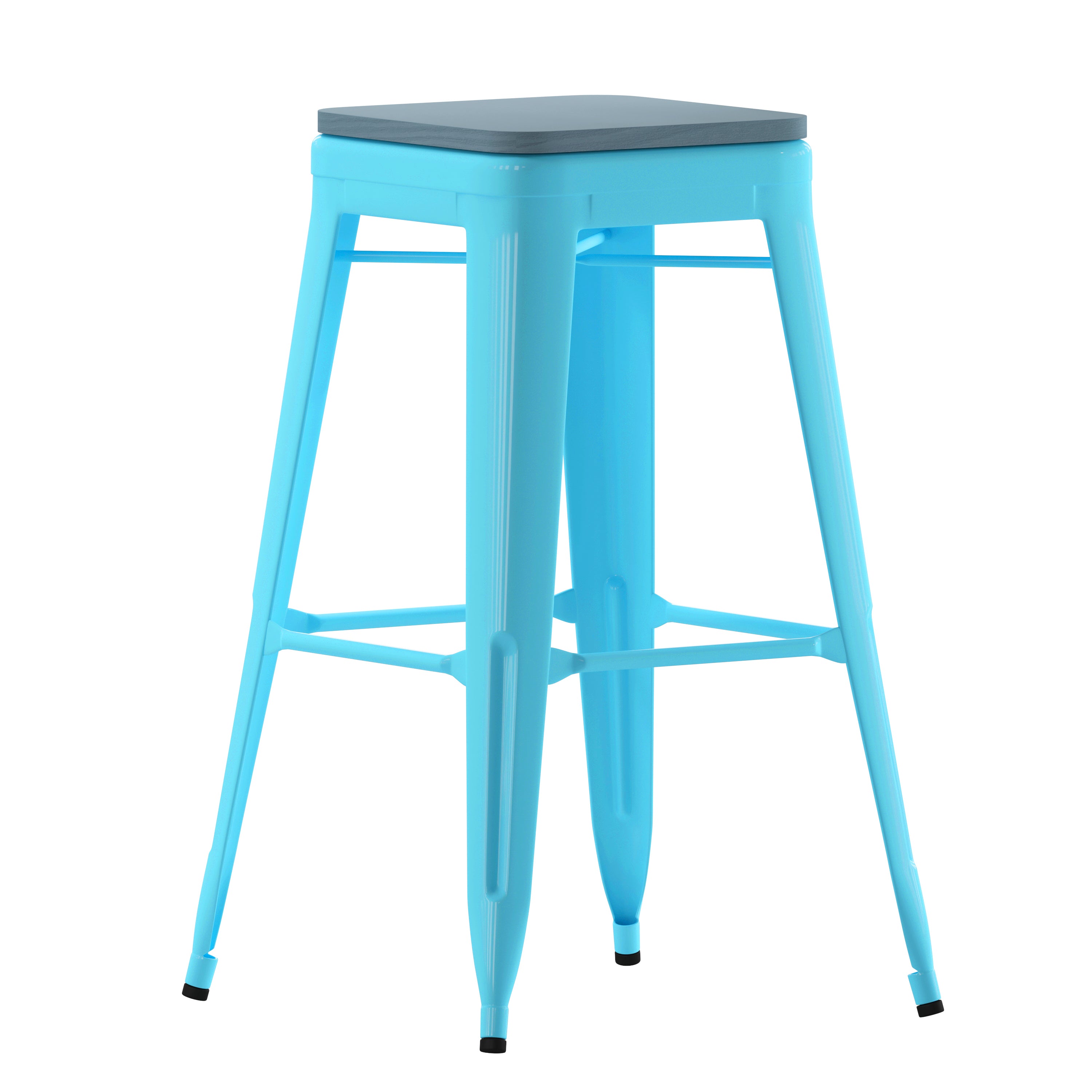 Cierra Set of 4 Commercial Grade 30" High Backless Teal Metal Indoor Bar Height Stools with Teal-Blue All-Weather Poly Resin Seats