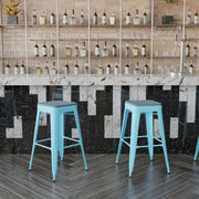 Cierra Set of 4 Commercial Grade 30" High Backless Teal Metal Indoor Bar Height Stools with Teal-Blue All-Weather Poly Resin Seats