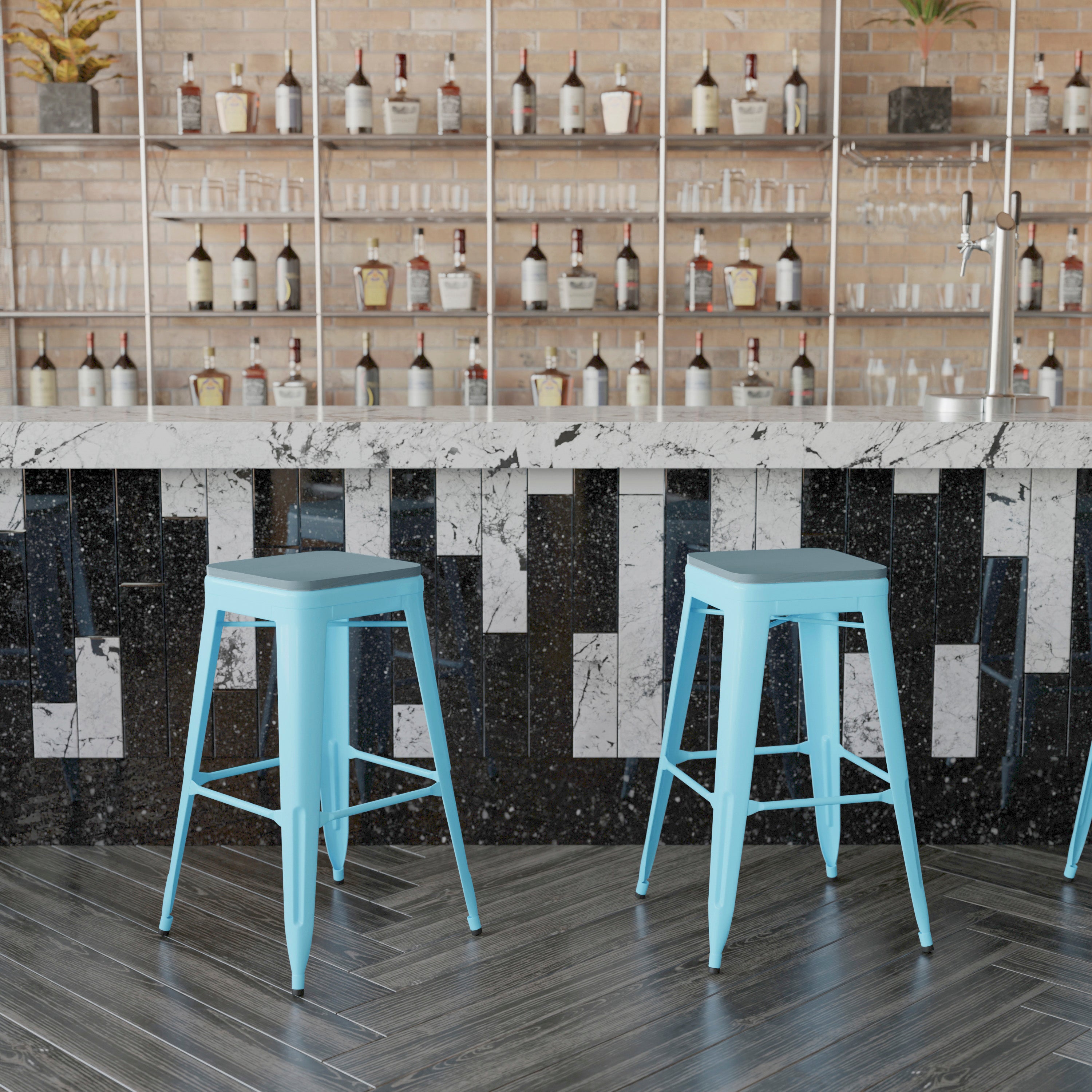 Cierra Set of 4 Commercial Grade 30" High Backless Teal Metal Indoor Bar Height Stools with Teal-Blue All-Weather Poly Resin Seats