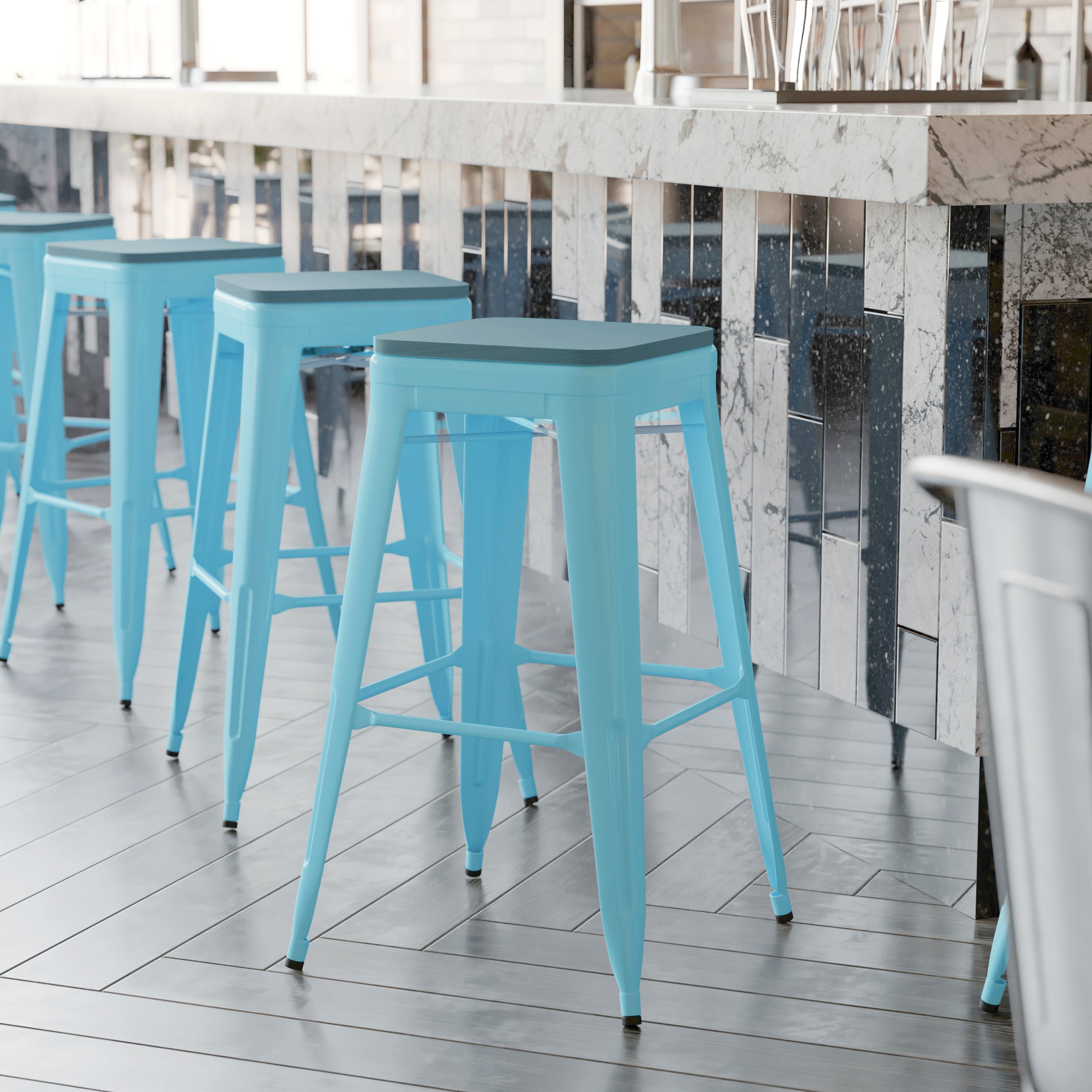 Cierra Set of 4 Commercial Grade 30" High Backless Teal Metal Indoor Bar Height Stools with Teal-Blue All-Weather Poly Resin Seats