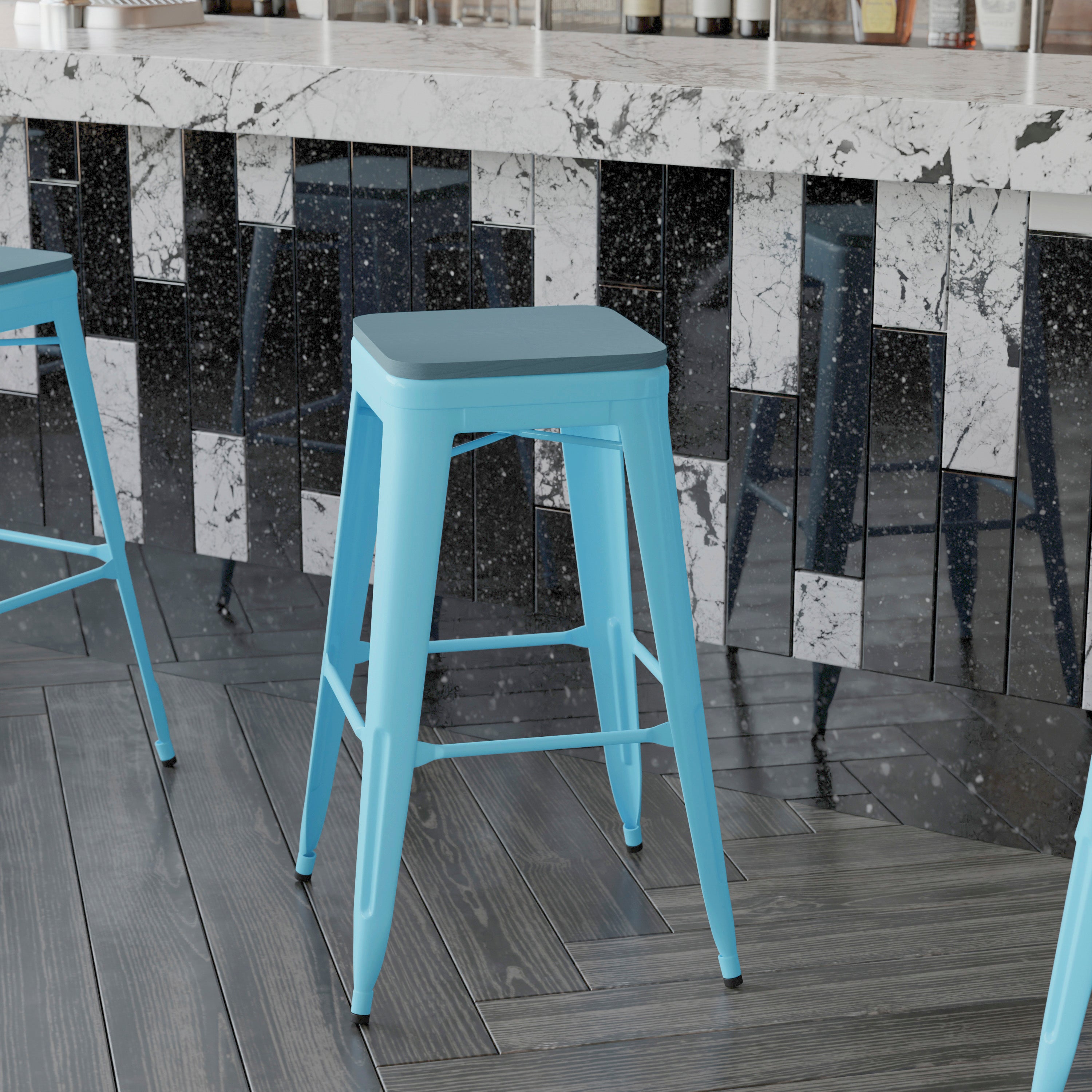Cierra Set of 4 Commercial Grade 30" High Backless Teal Metal Indoor Bar Height Stools with Teal-Blue All-Weather Poly Resin Seats