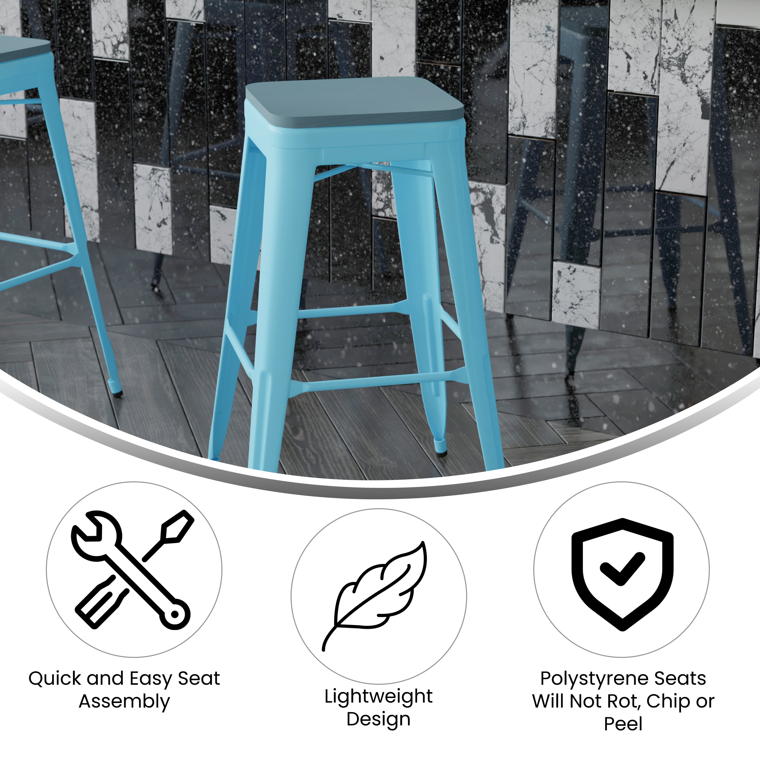 Cierra Set of 4 Commercial Grade 30" High Backless Teal Metal Indoor Bar Height Stools with Teal-Blue All-Weather Poly Resin Seats