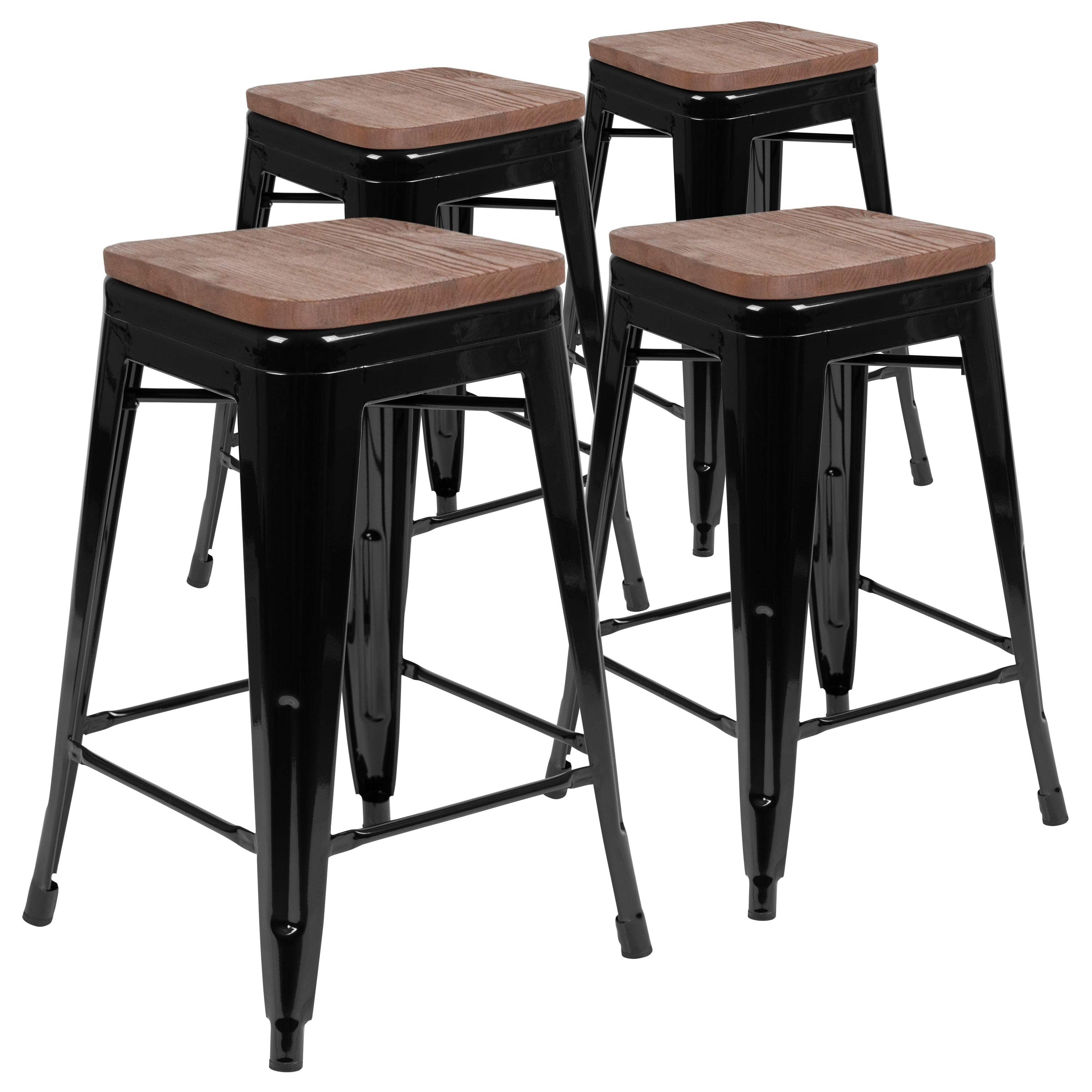 Cierra 24" High Metal Counter-Height, Indoor Bar Stool with Wood Seat in Black - Stackable Set of 4