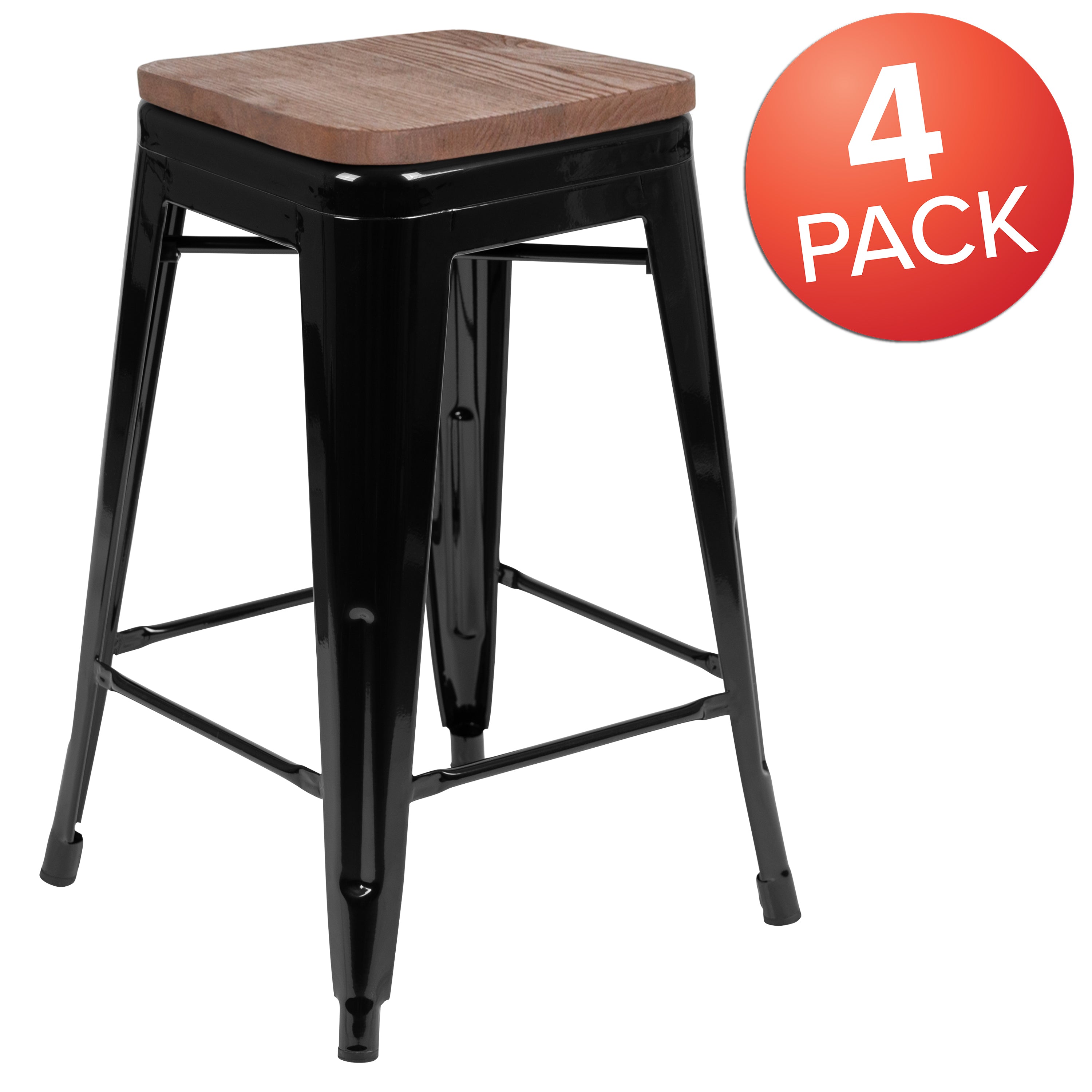 Cierra 24" High Metal Counter-Height, Indoor Bar Stool with Wood Seat in Black - Stackable Set of 4