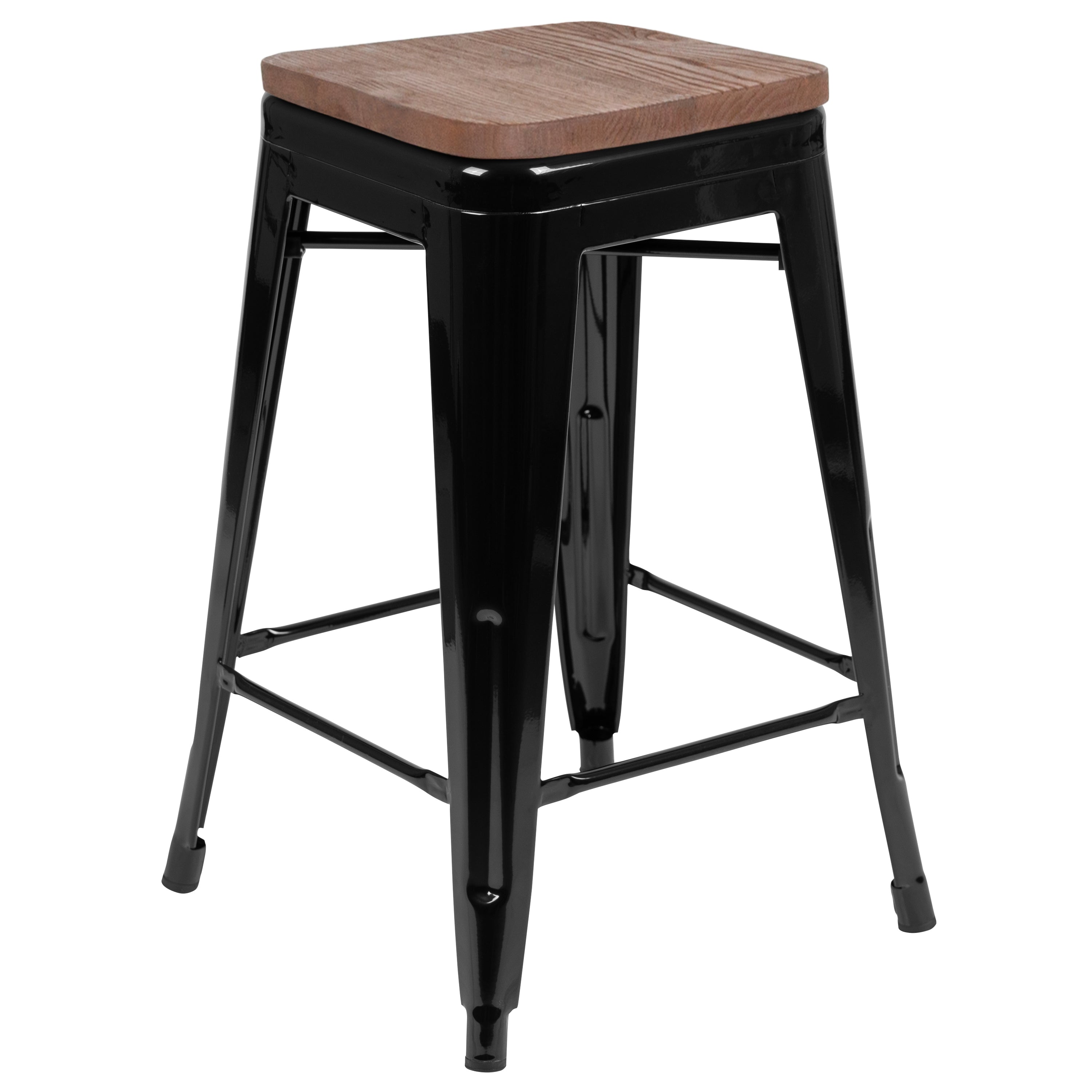 Cierra 24" High Metal Counter-Height, Indoor Bar Stool with Wood Seat in Black - Stackable Set of 4