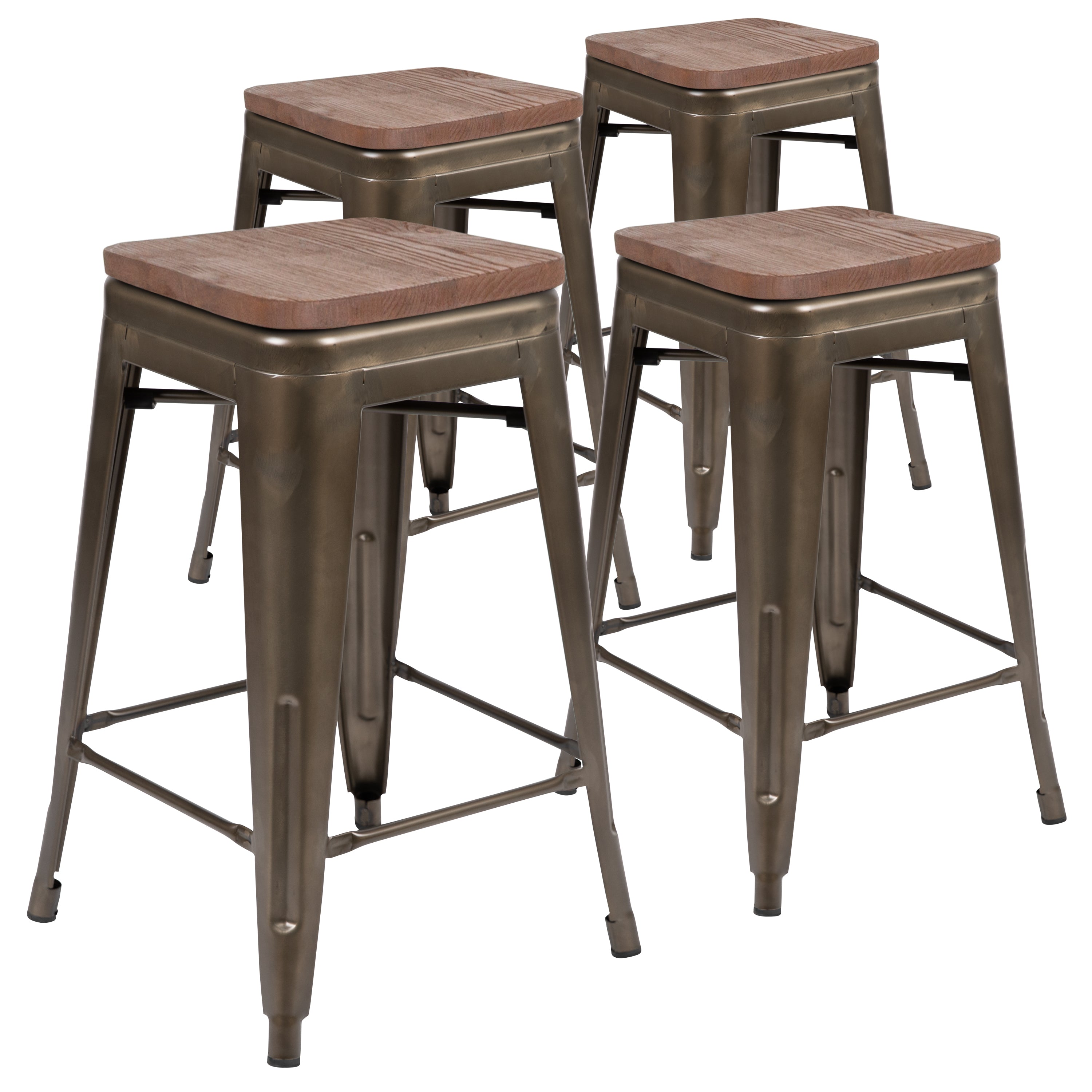 Cierra 24" High Metal Counter-Height, Indoor Bar Stool with Wood Seat in Gun Metal Gray - Stackable Set of 4