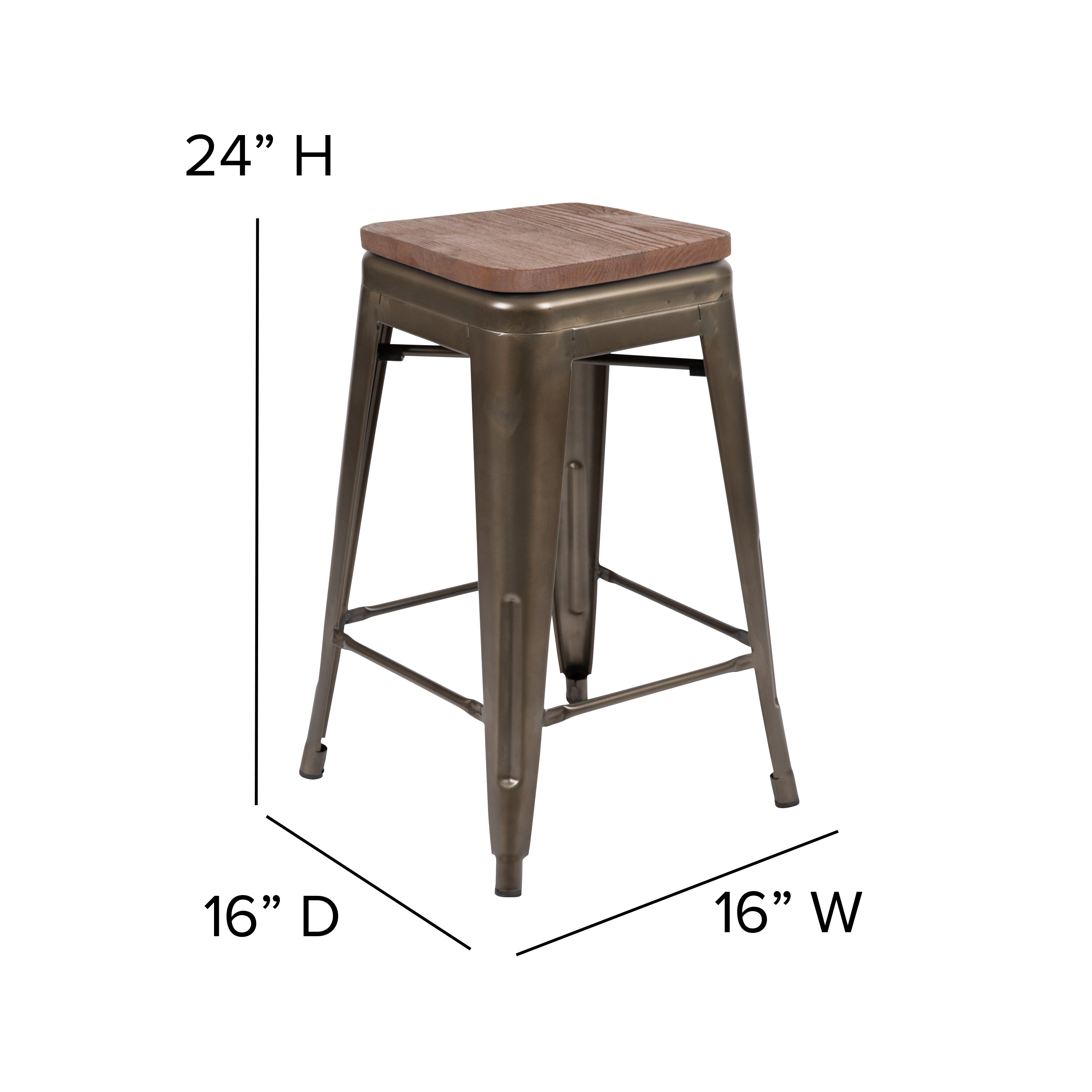 Cierra 24" High Metal Counter-Height, Indoor Bar Stool with Wood Seat in Gun Metal Gray - Stackable Set of 4