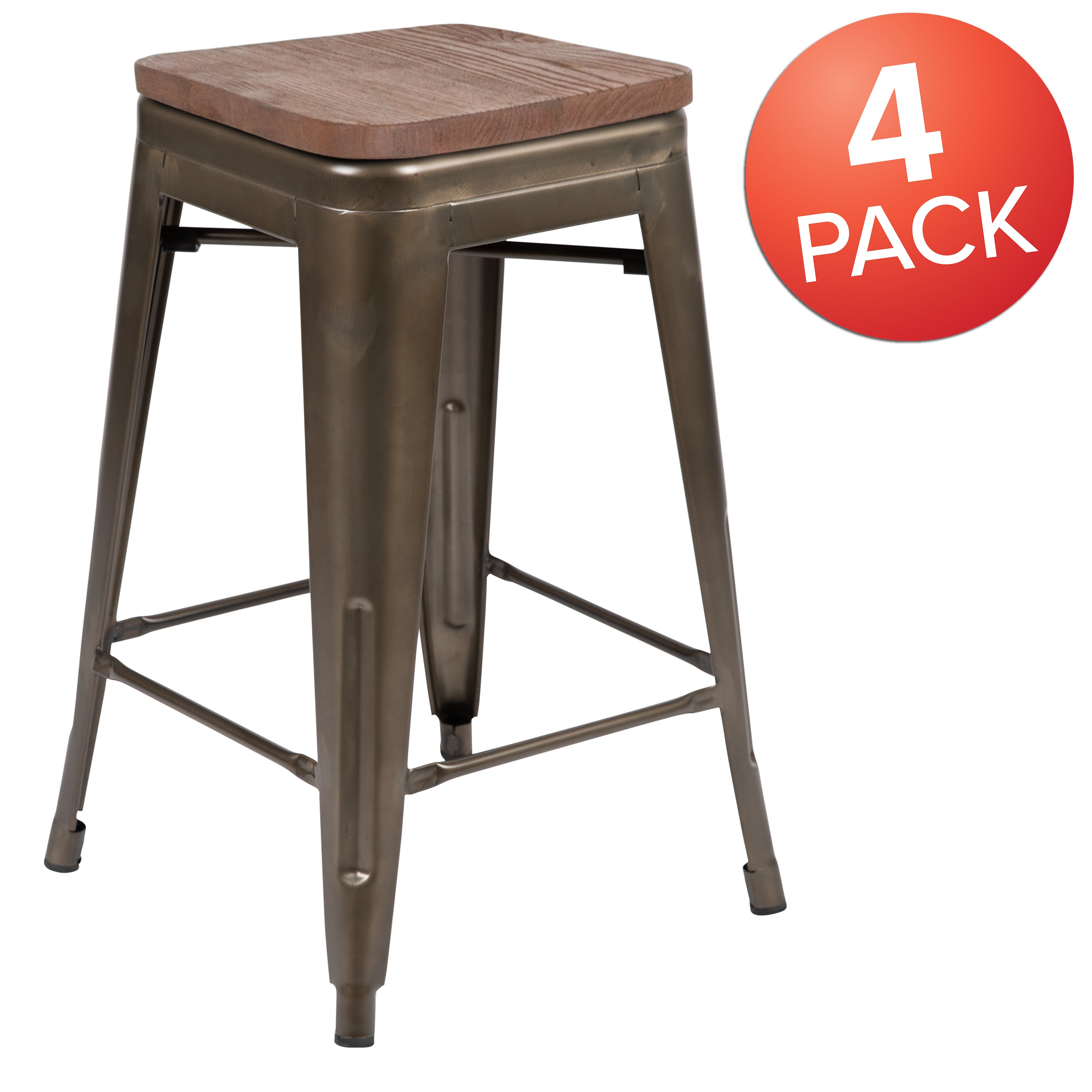 Cierra 24" High Metal Counter-Height, Indoor Bar Stool with Wood Seat in Gun Metal Gray - Stackable Set of 4