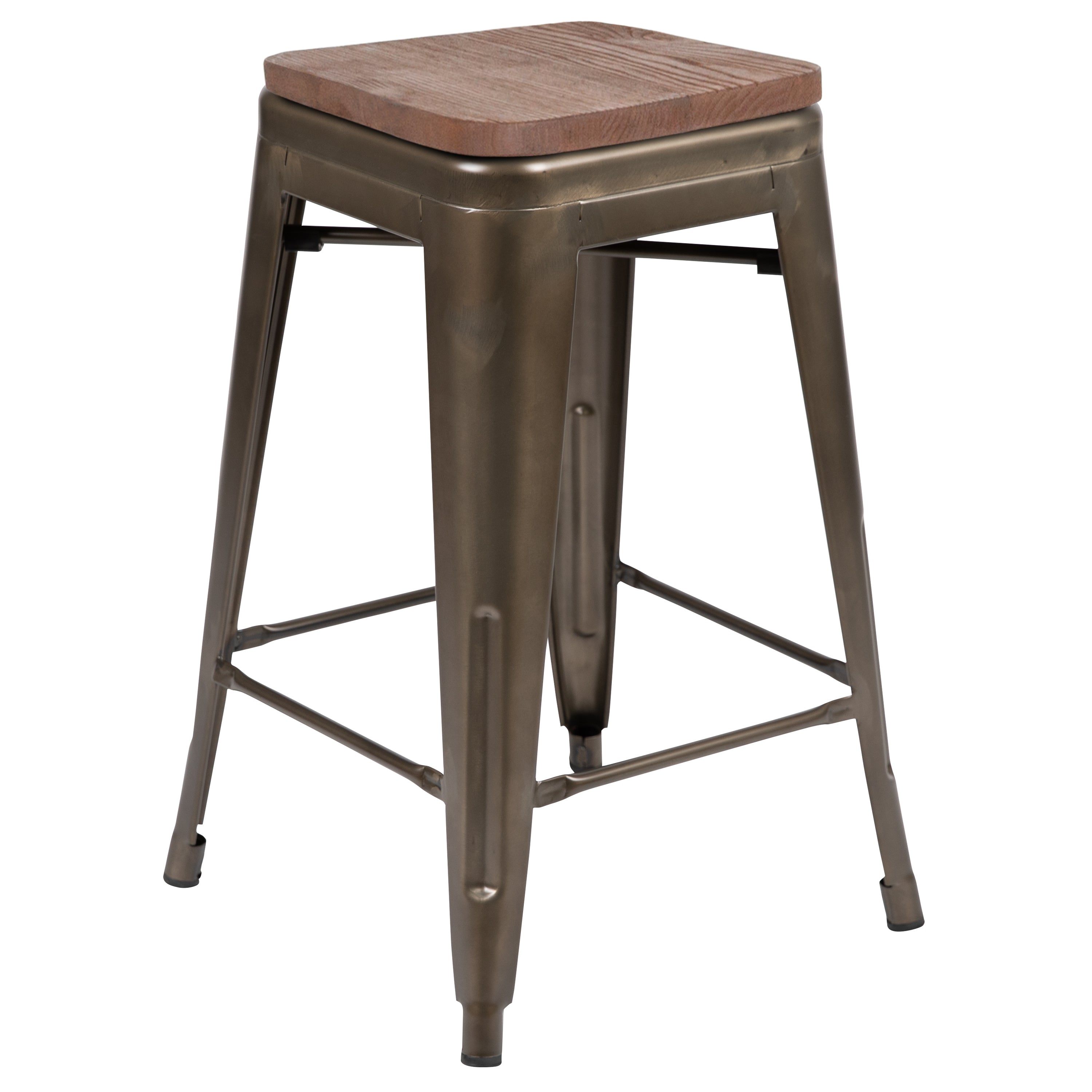 Cierra 24" High Metal Counter-Height, Indoor Bar Stool with Wood Seat in Gun Metal Gray - Stackable Set of 4