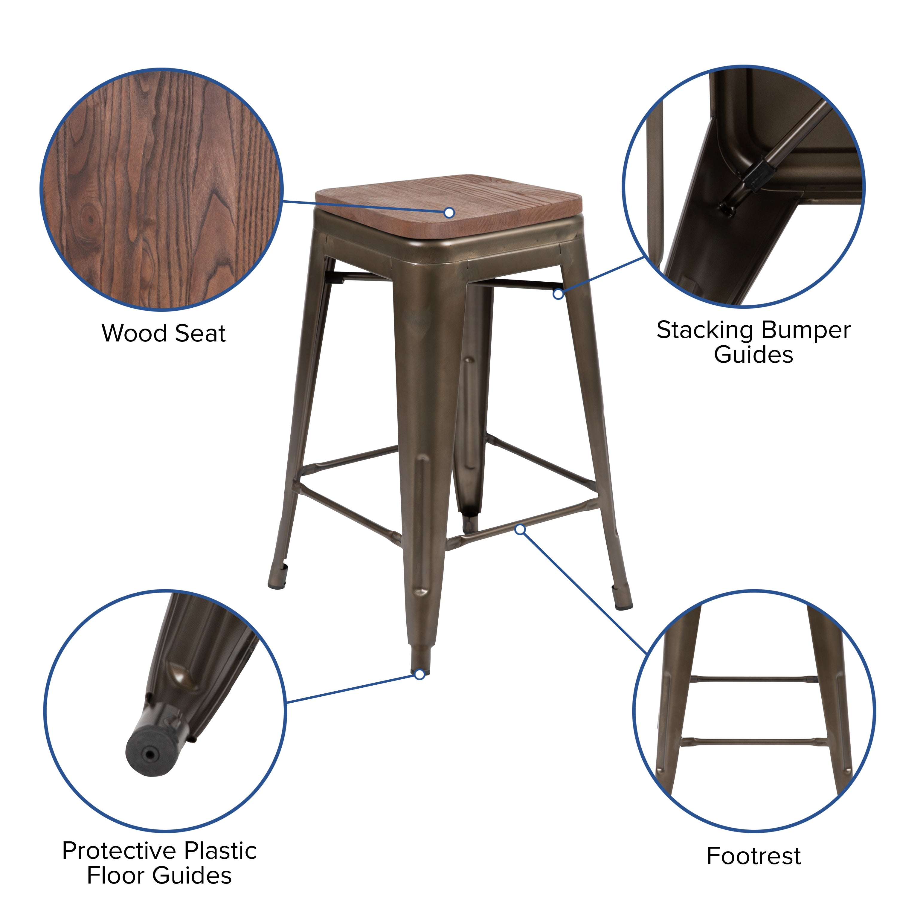 Cierra 24" High Metal Counter-Height, Indoor Bar Stool with Wood Seat in Gun Metal Gray - Stackable Set of 4