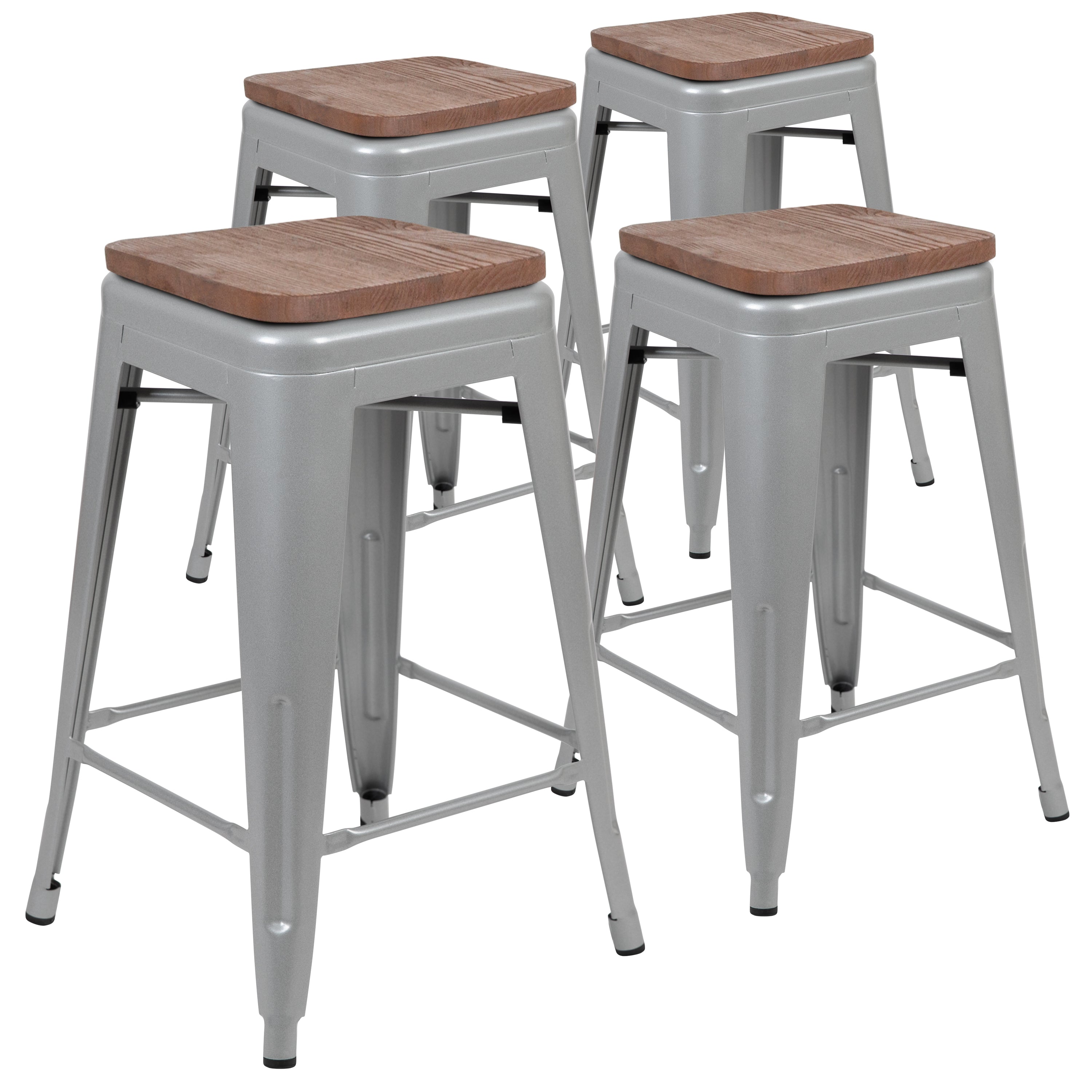Cierra 24" High Metal Counter-Height, Indoor Bar Stool with Wood Seat in Silver - Stackable Set of 4