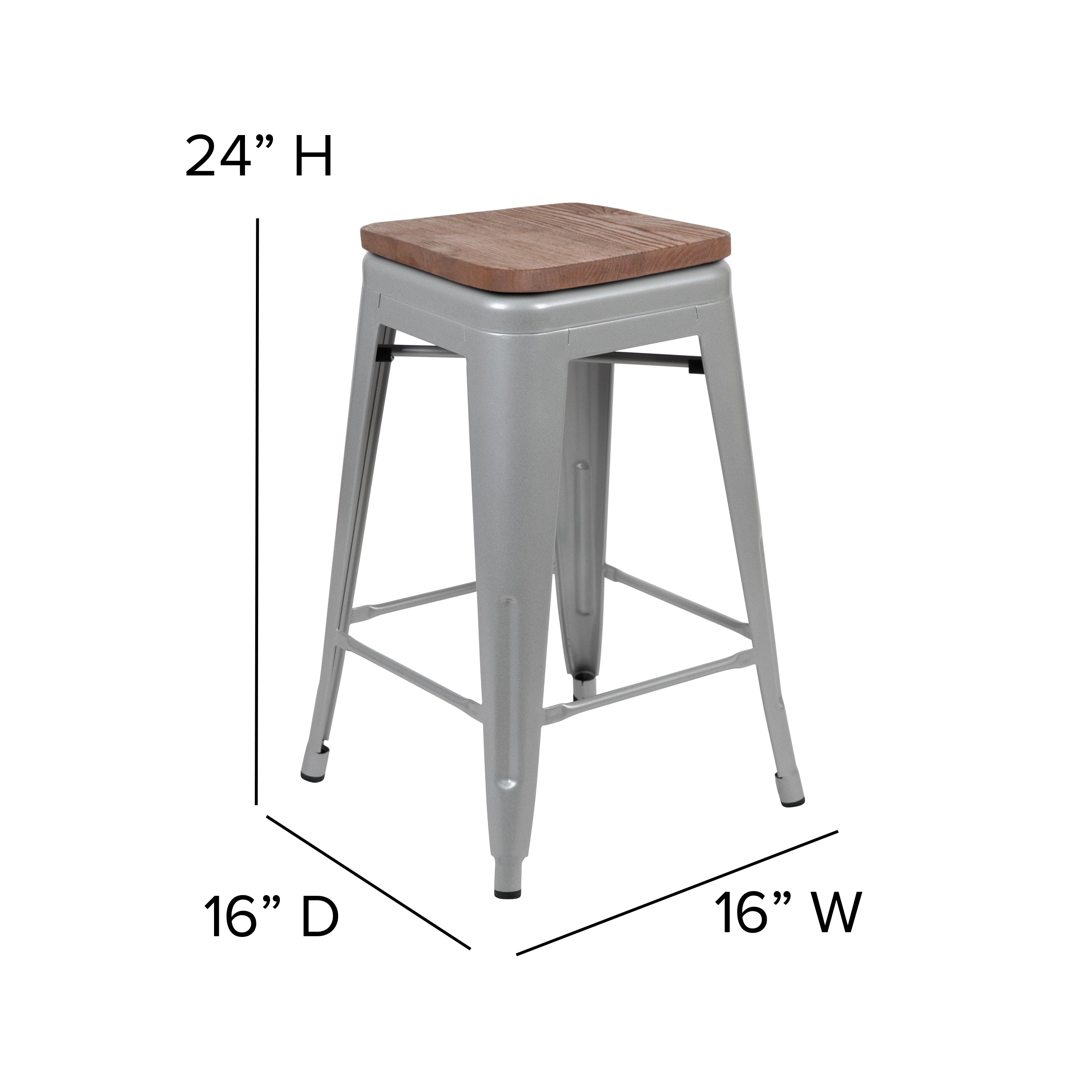 Cierra 24" High Metal Counter-Height, Indoor Bar Stool with Wood Seat in Silver - Stackable Set of 4