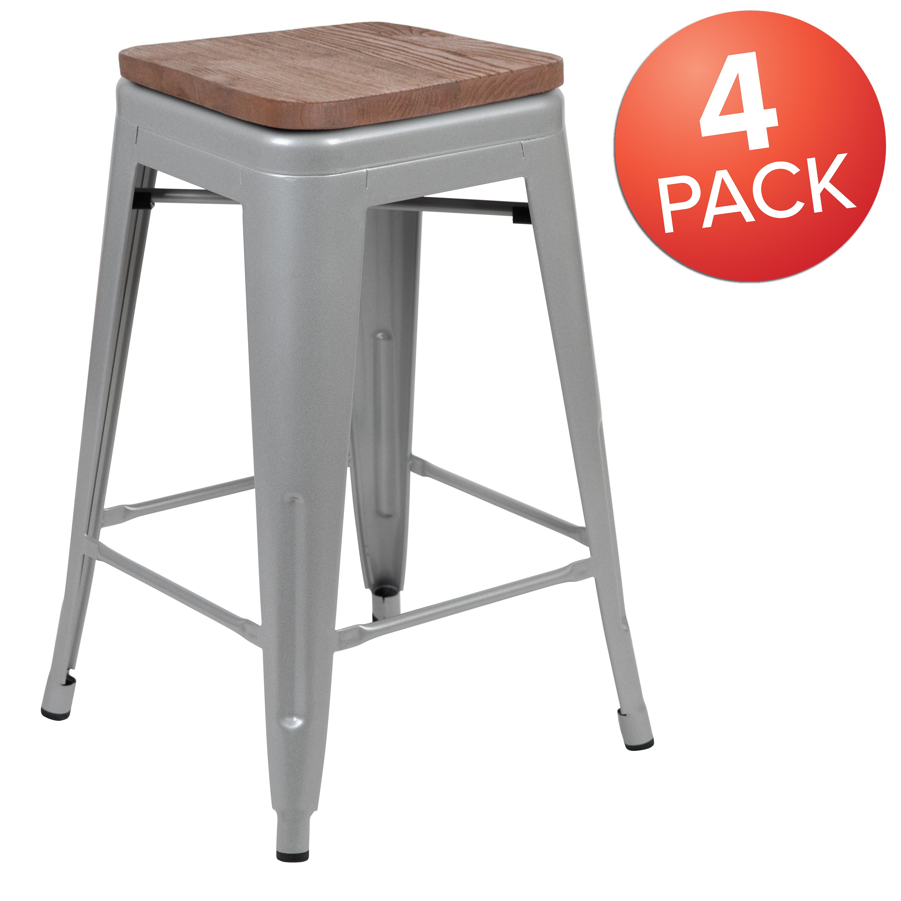 Cierra 24" High Metal Counter-Height, Indoor Bar Stool with Wood Seat in Silver - Stackable Set of 4