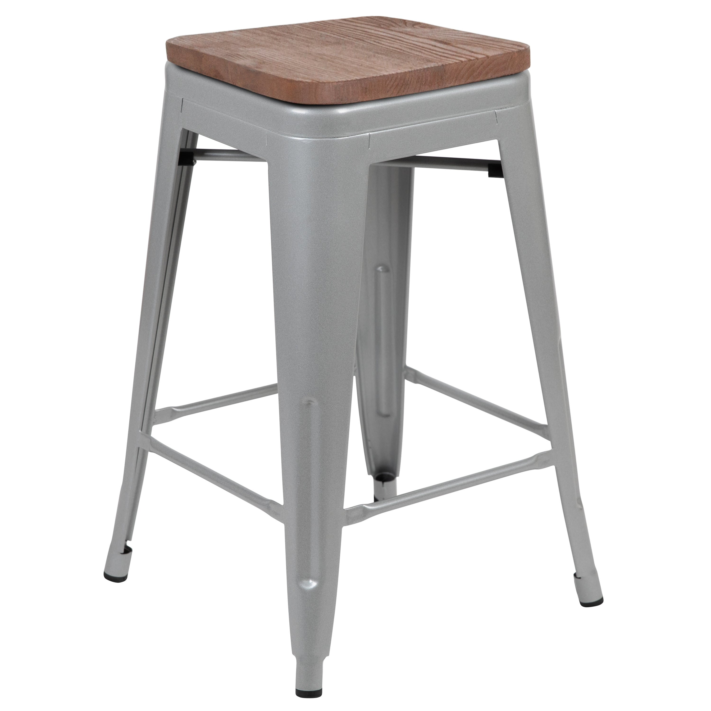 Cierra 24" High Metal Counter-Height, Indoor Bar Stool with Wood Seat in Silver - Stackable Set of 4
