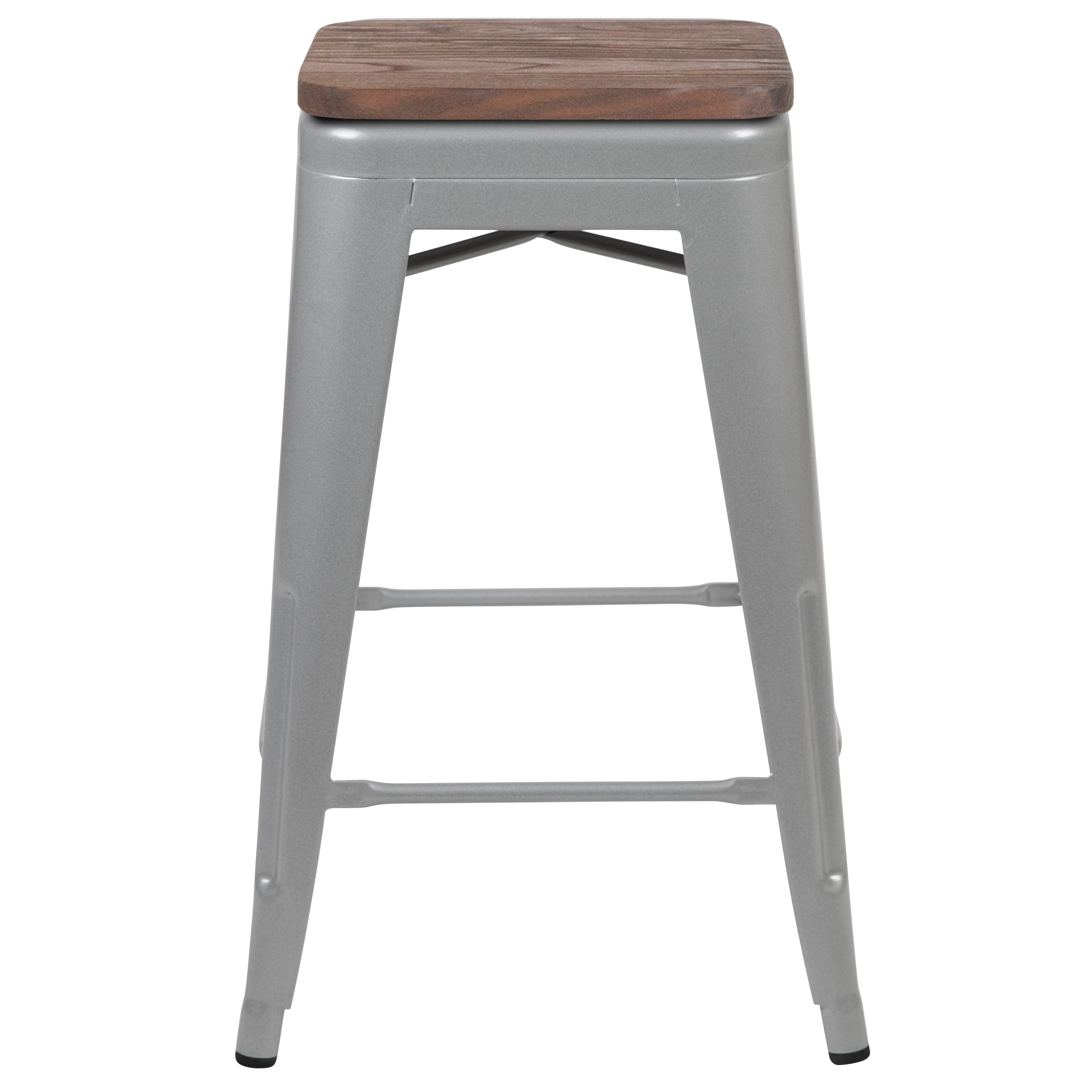 Cierra 24" High Metal Counter-Height, Indoor Bar Stool with Wood Seat in Silver - Stackable Set of 4